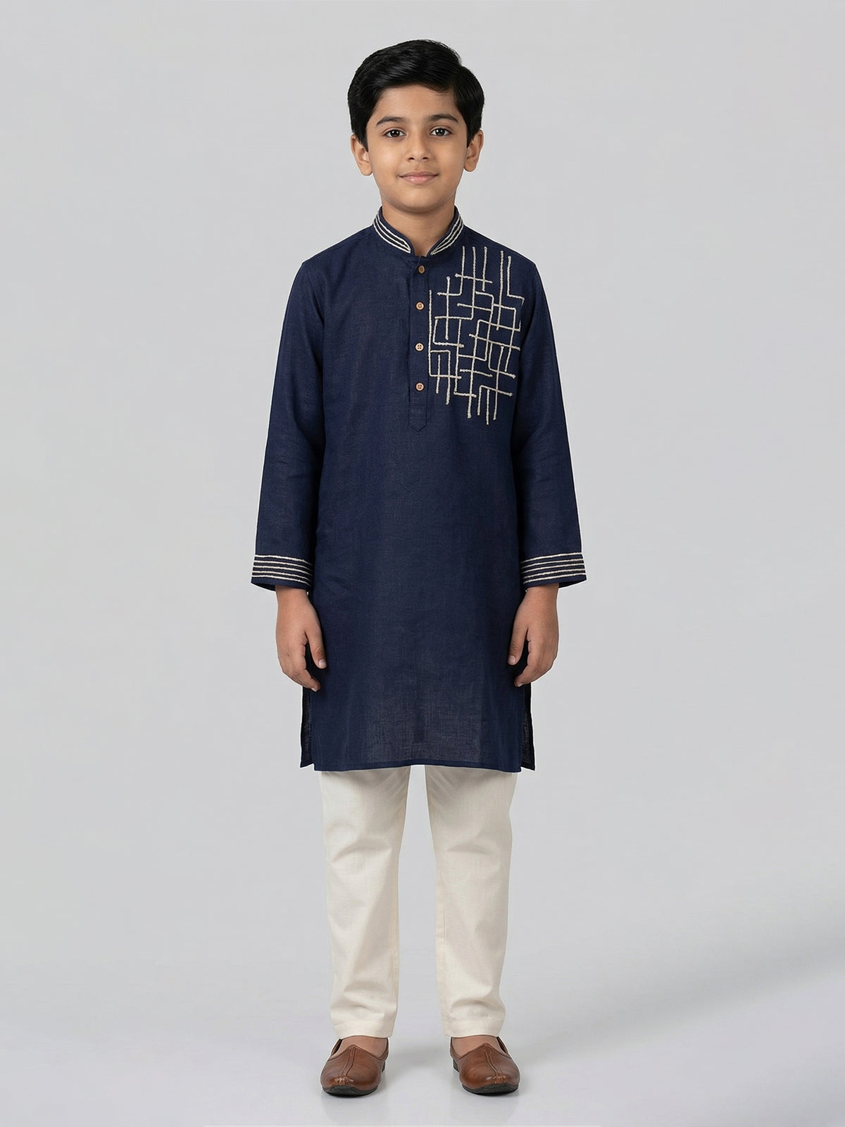 Dark navy cotton linen thread work festive kurta suit