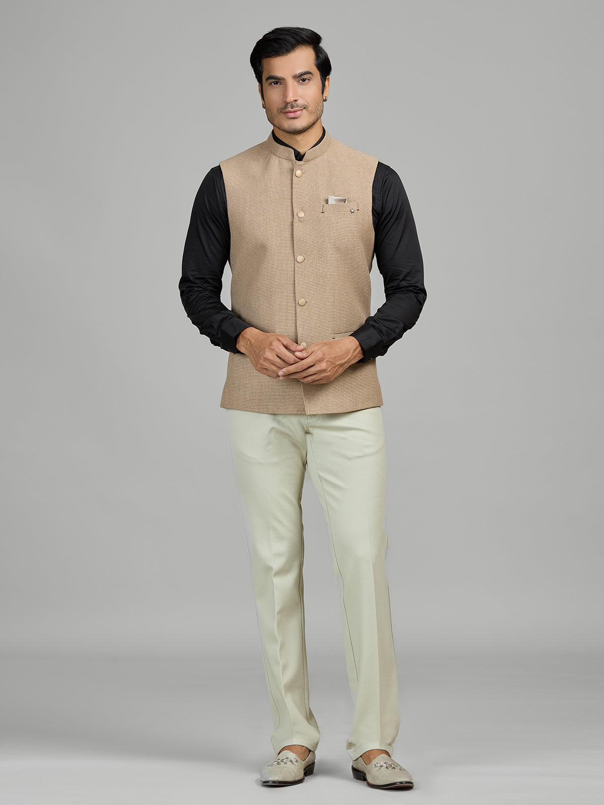Dark beige textured jute waistcoat for men