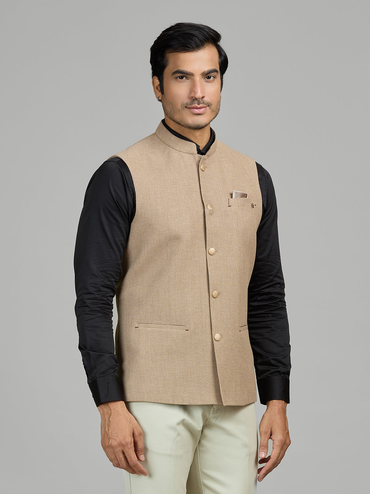 Dark beige textured jute waistcoat for men