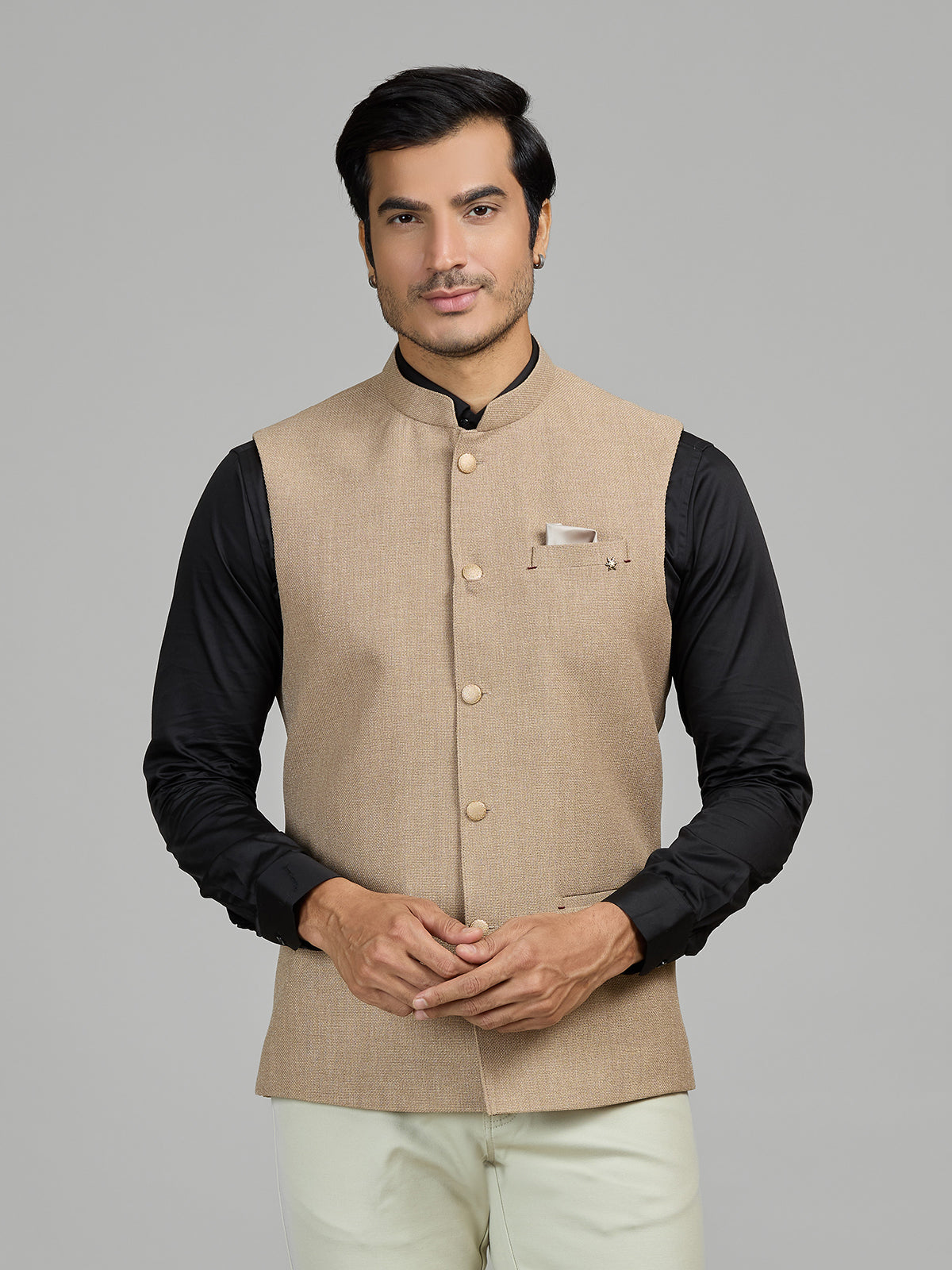 Dark beige textured jute waistcoat for men