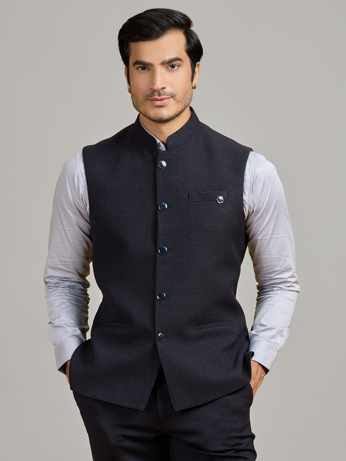 Black party wear jute waistcoat for men