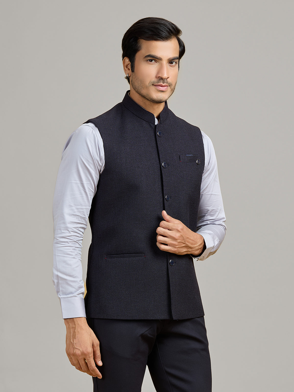 Black party wear jute waistcoat for men