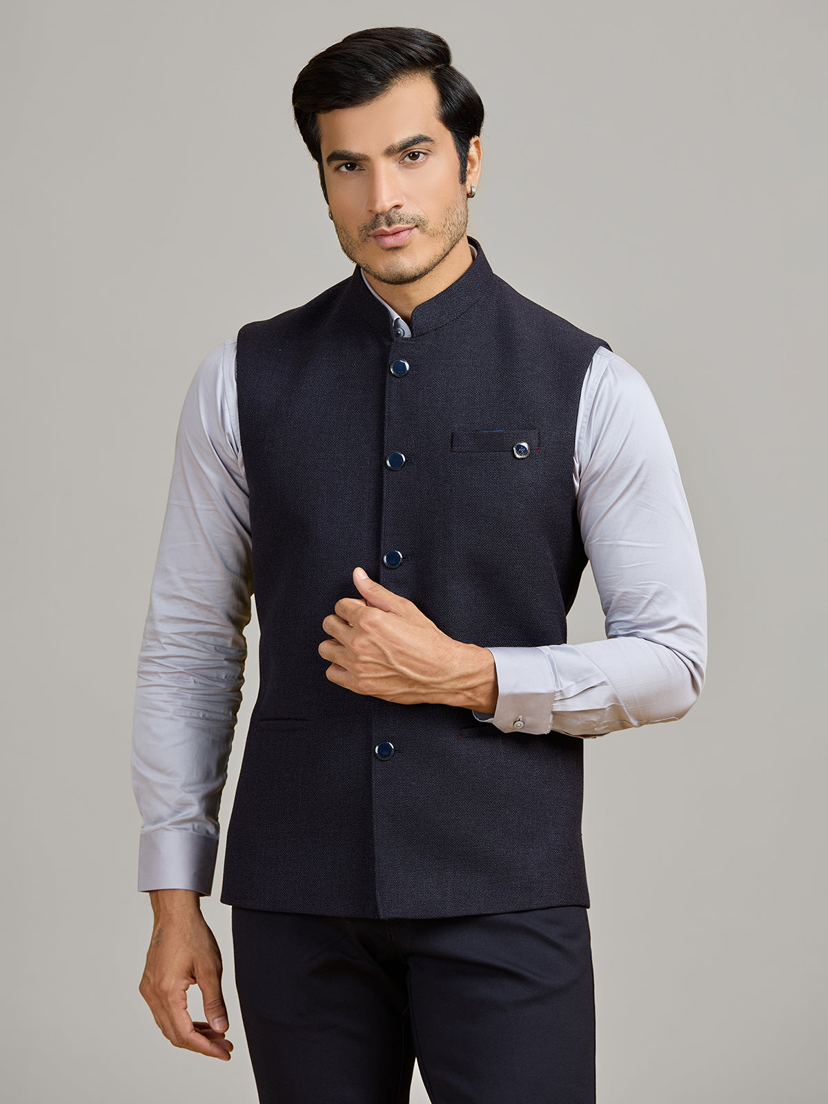 Black party wear jute waistcoat for men