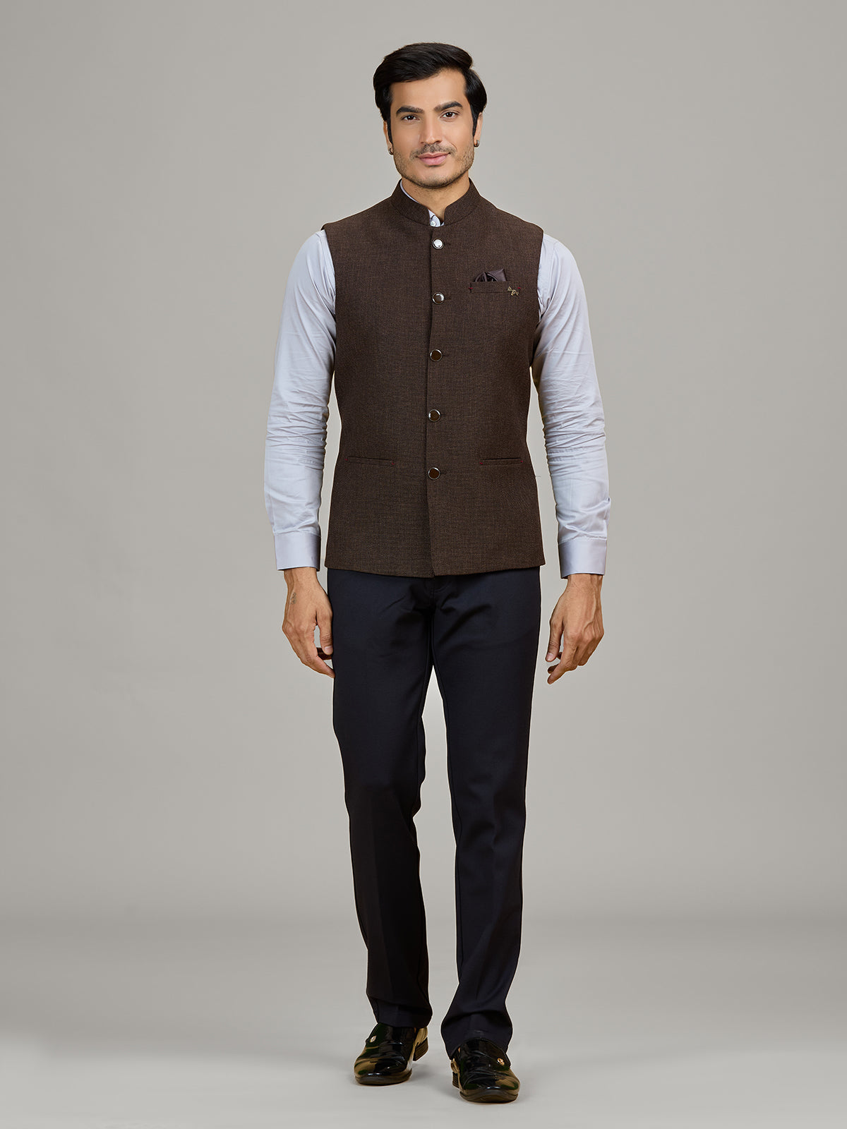 Brown formal wear jute waistcoat for men