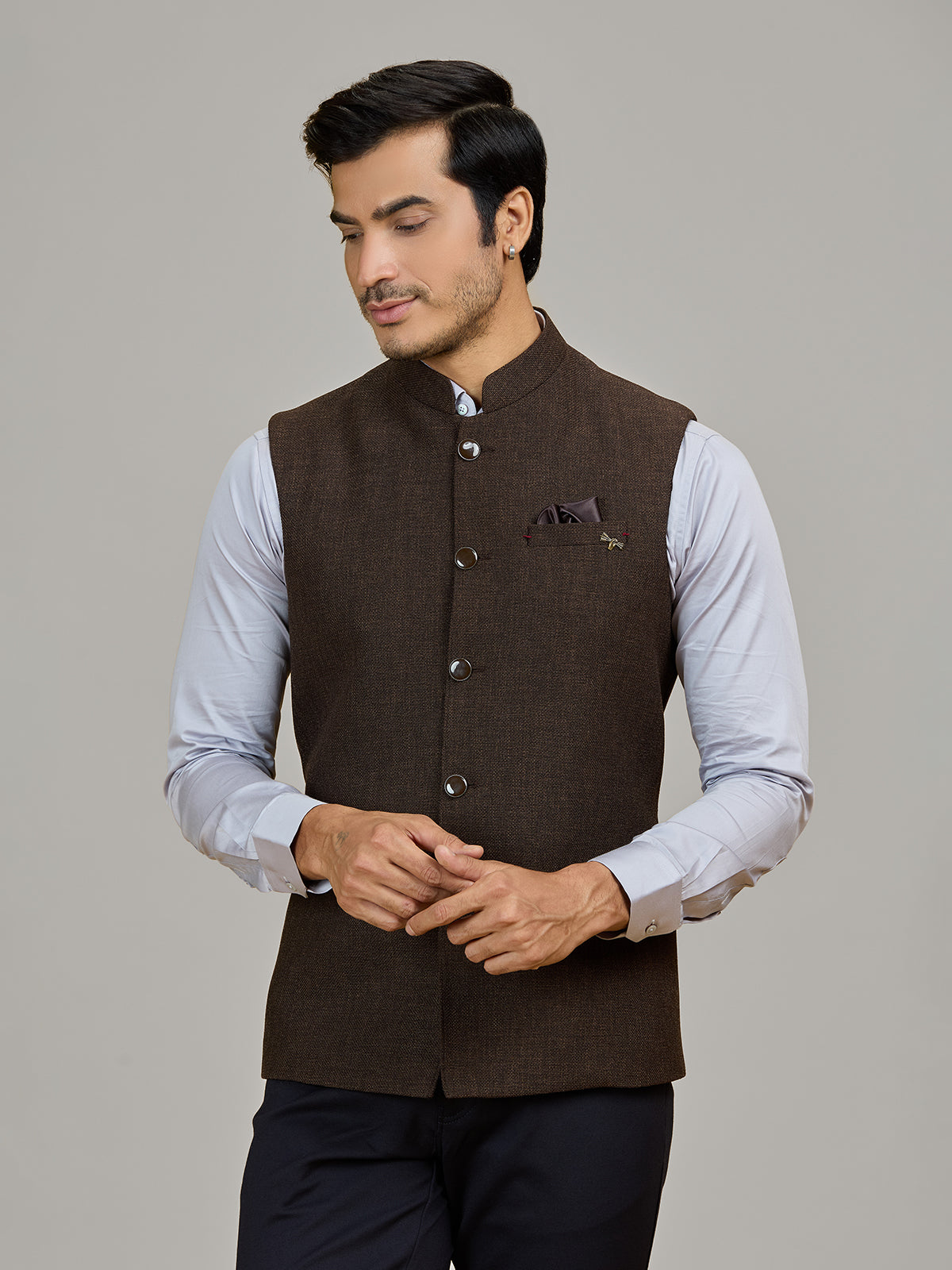 Brown formal wear jute waistcoat for men