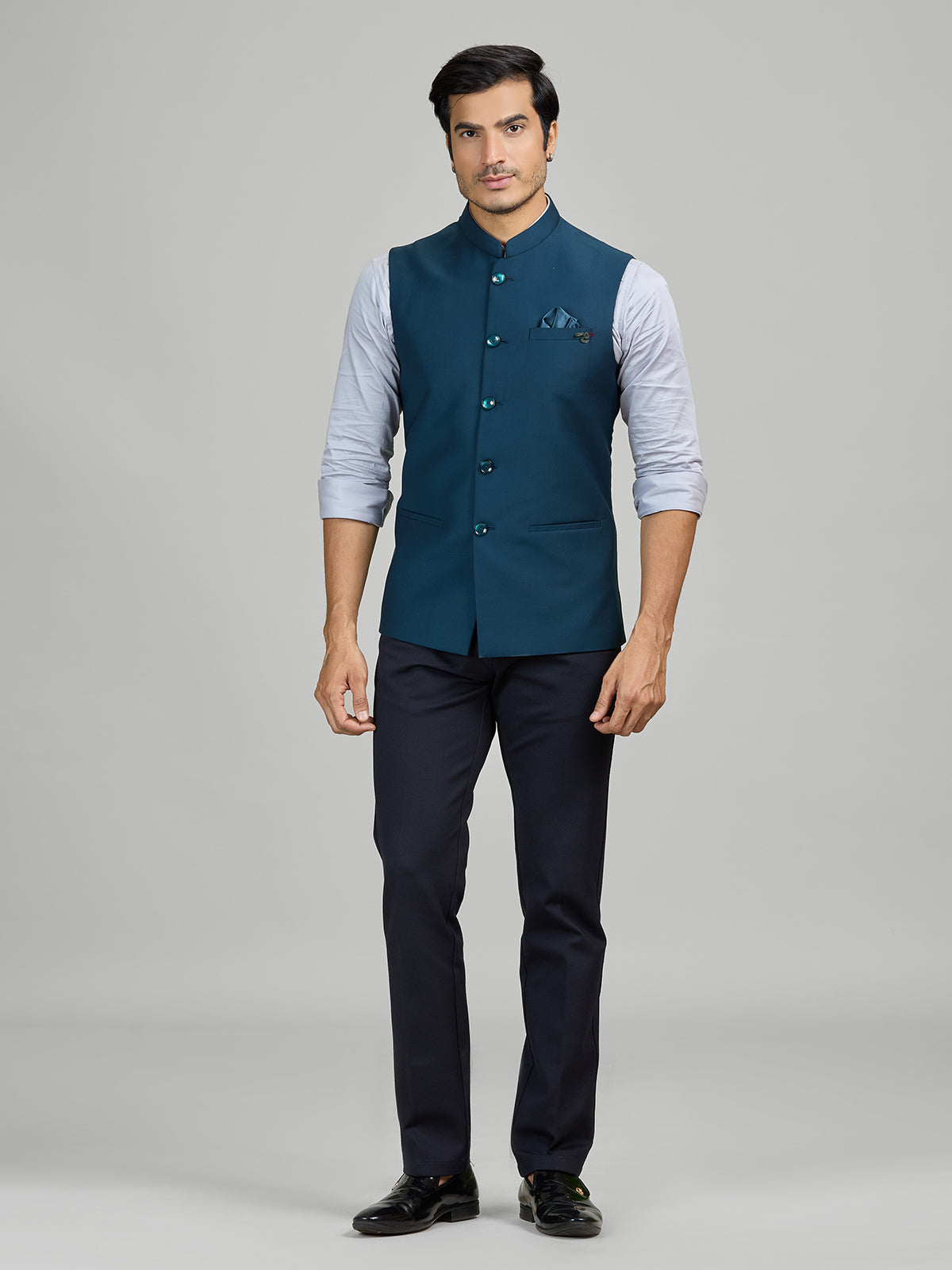 Teal blue party wear terry rayon waistcoat