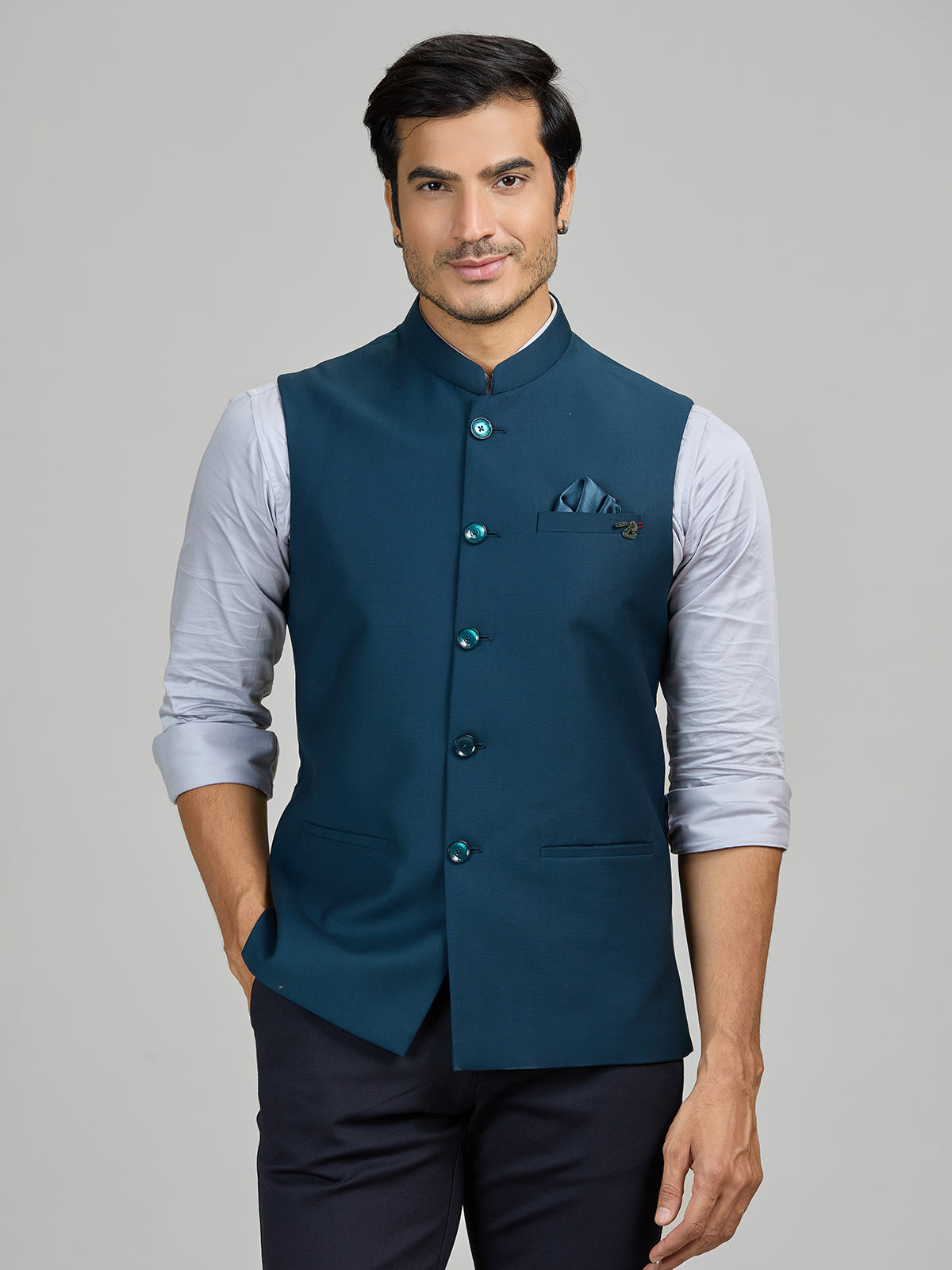 Teal blue party wear terry rayon waistcoat