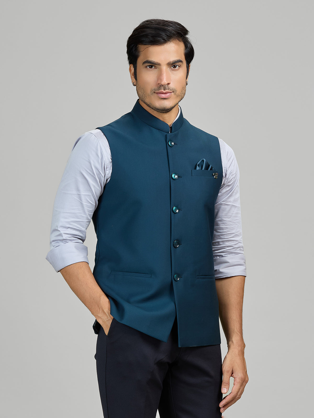 Teal blue party wear terry rayon waistcoat