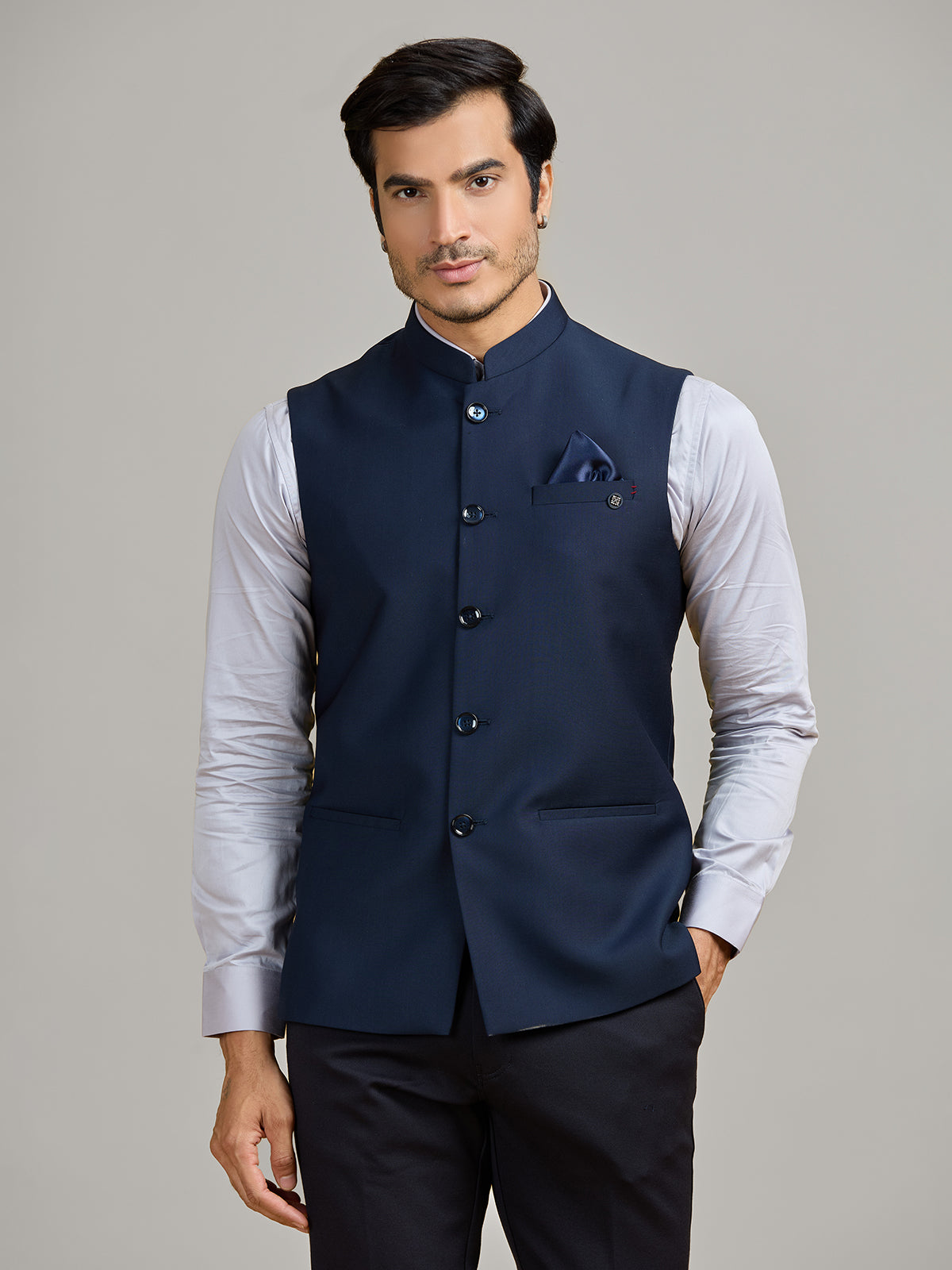 Navy premium terry rayon waistcoat for wedding wear