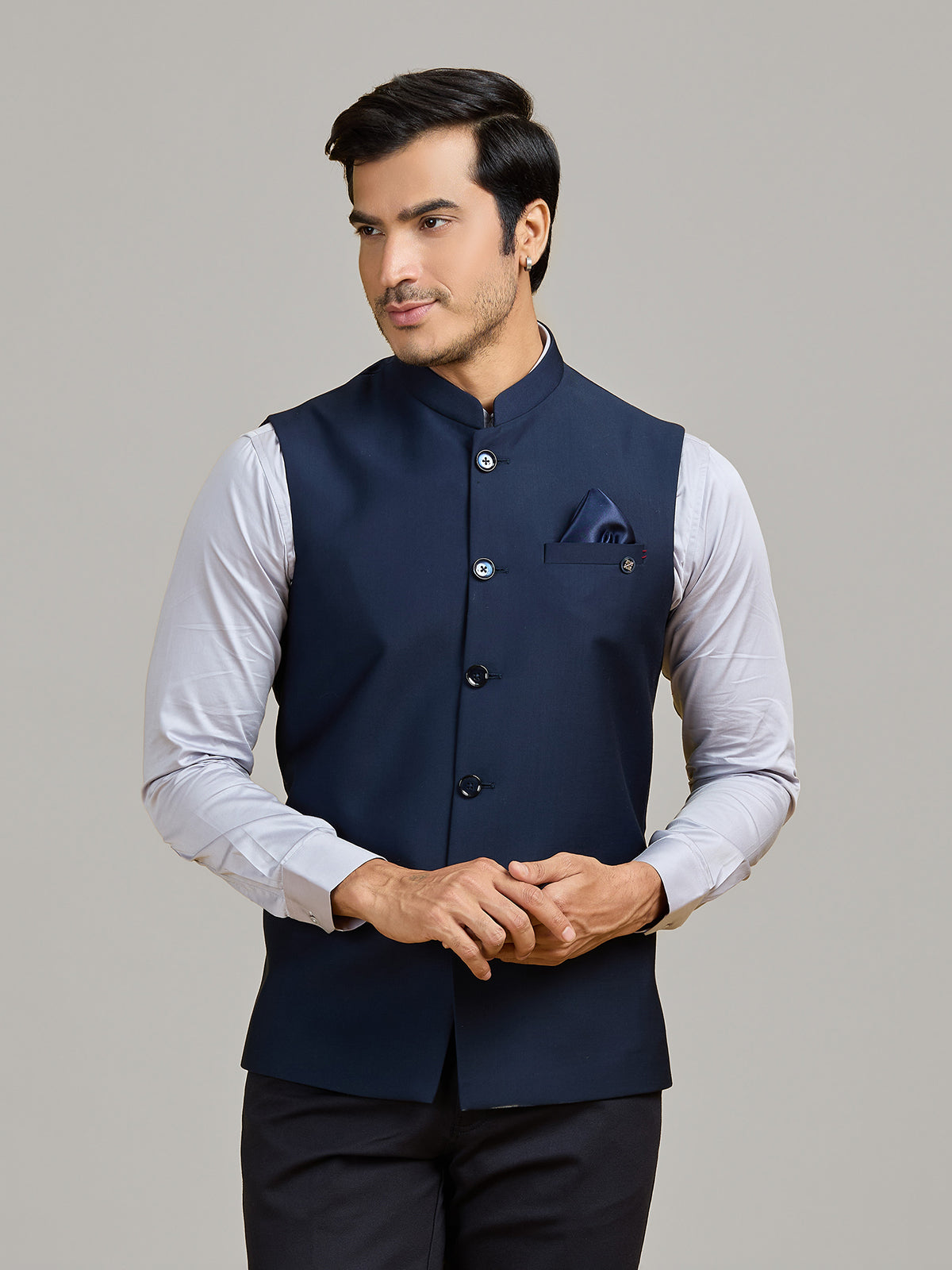 Navy premium terry rayon waistcoat for wedding wear