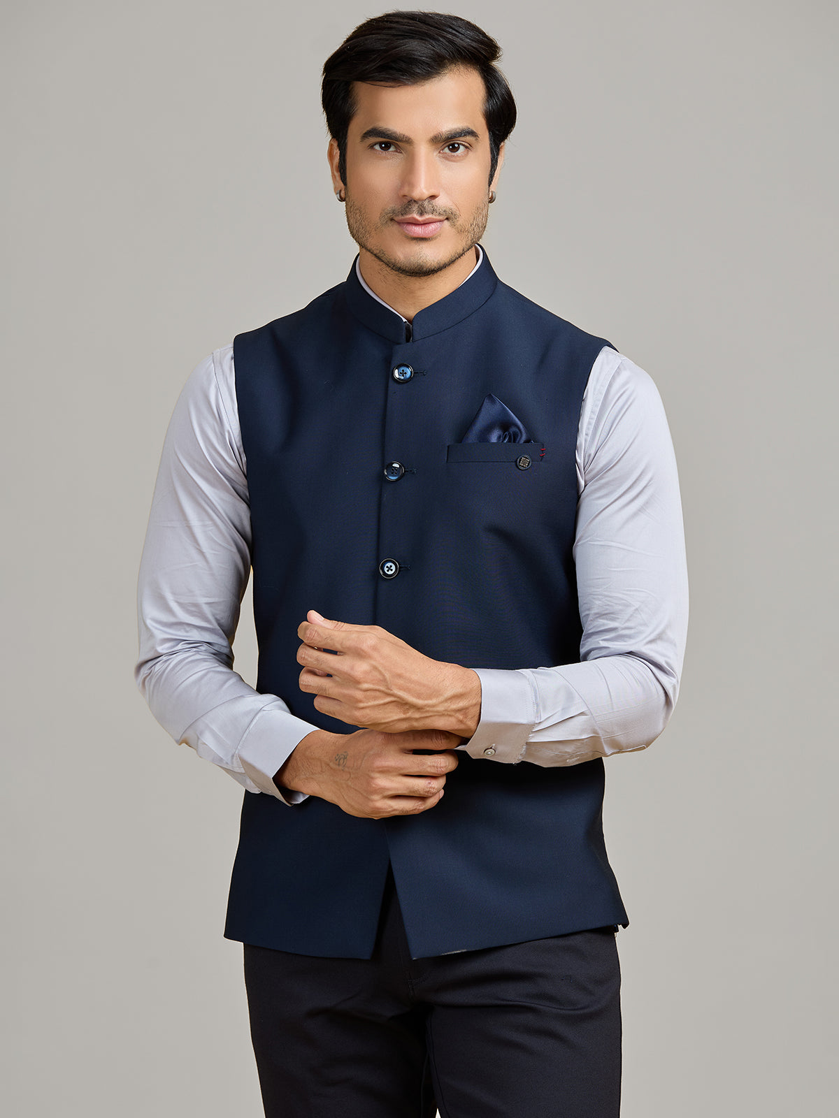Navy premium terry rayon waistcoat for wedding wear