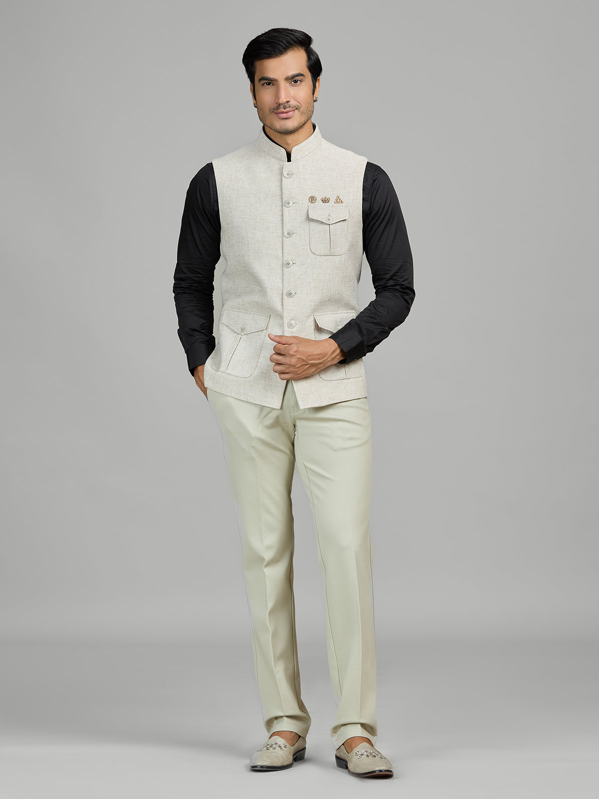 Light beige terry rayon waistcoat for reception wear
