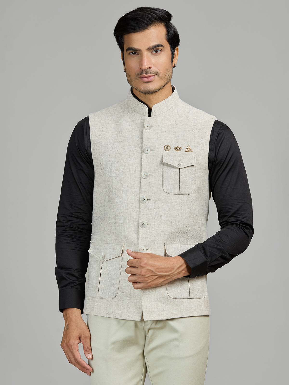 Light beige terry rayon waistcoat for reception wear