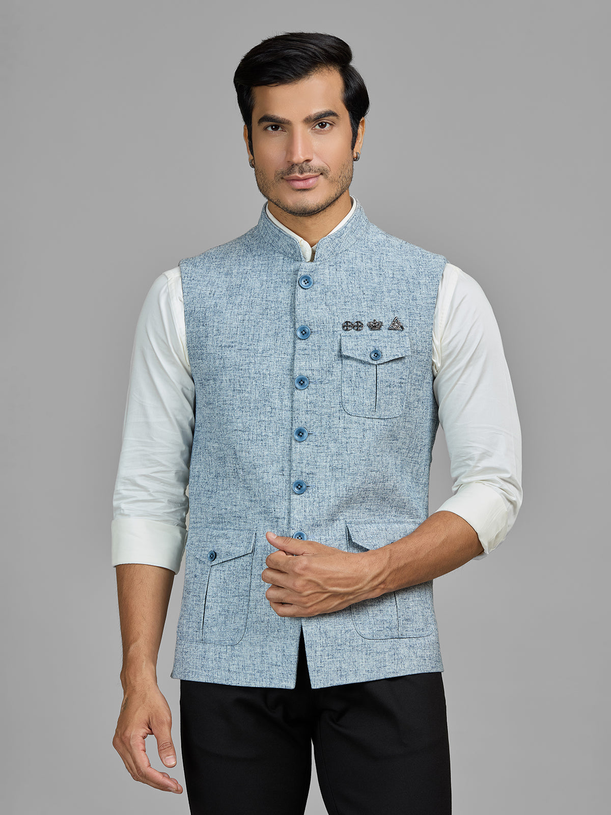 Sky blue terry rayon waistcoat with pocket detail