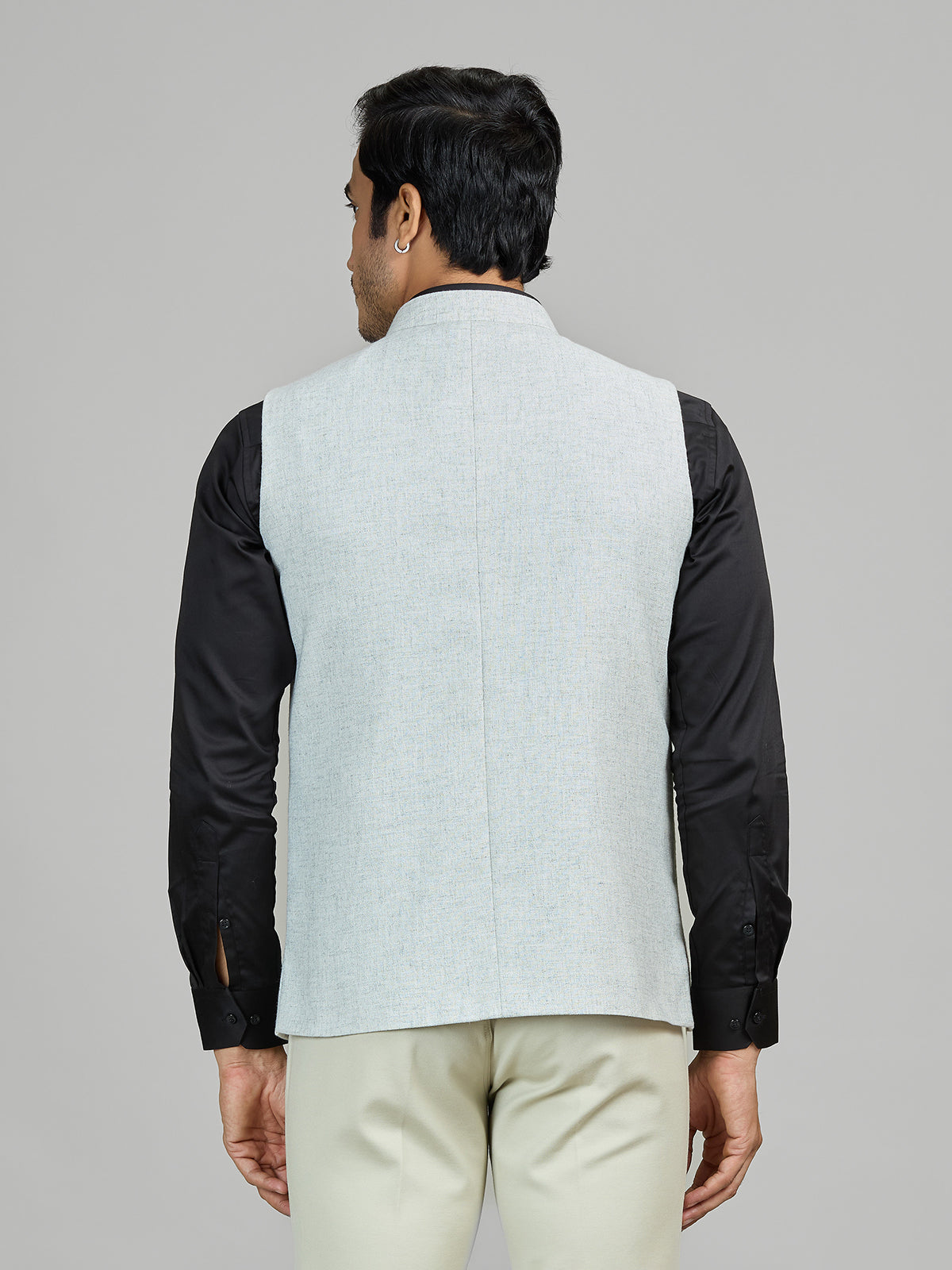 Mint blue linen wedding waistcoat with embellished pocket