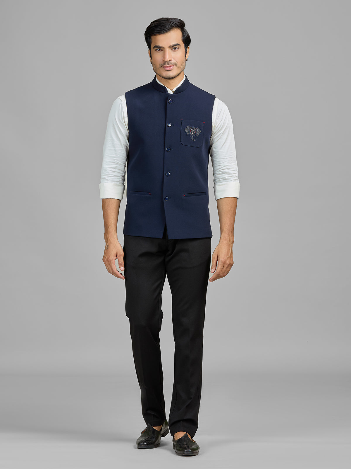 Navy terry rayon waistcoat with embellished pocket