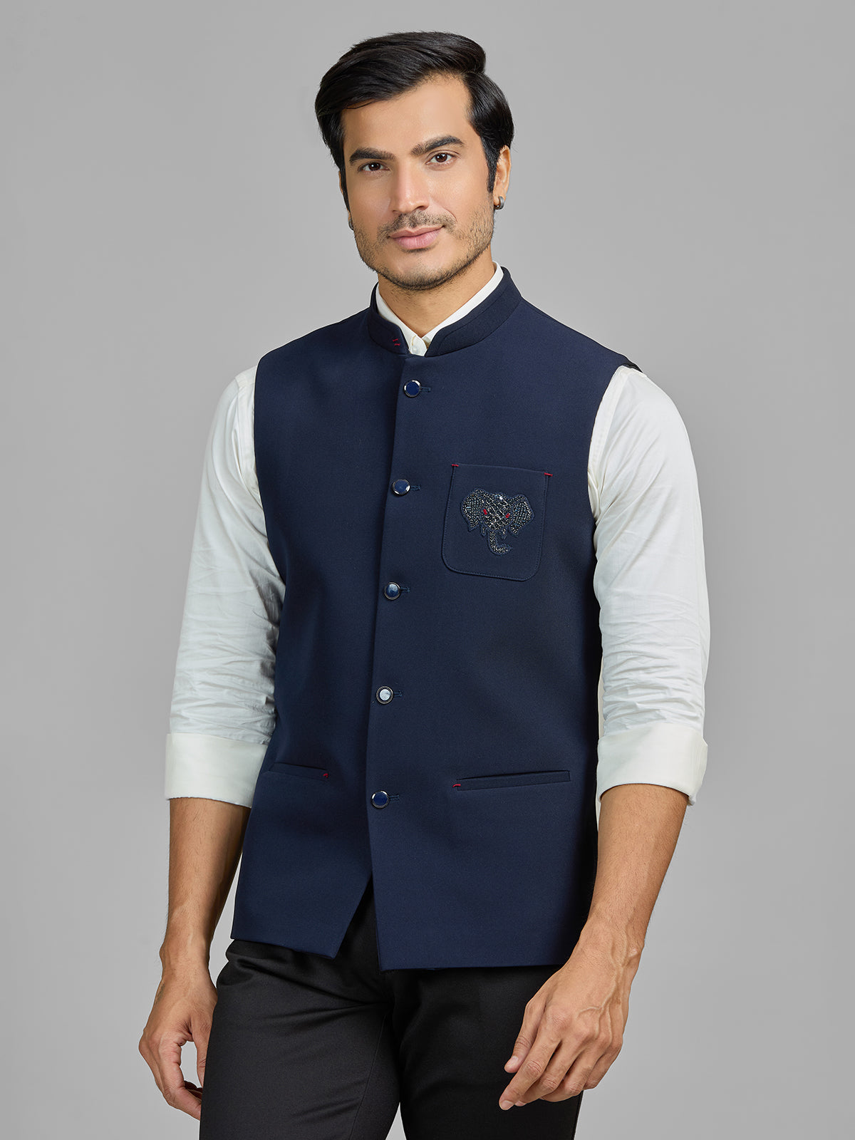 Navy terry rayon waistcoat with embellished pocket