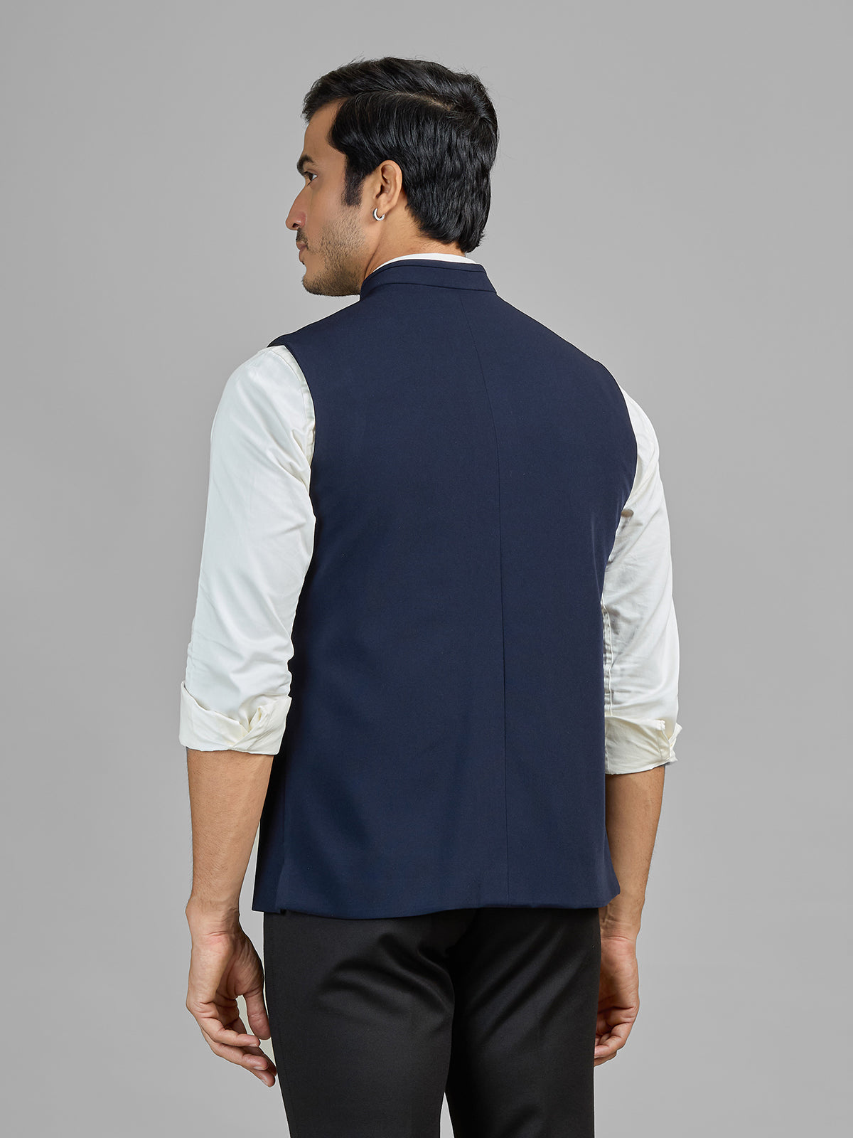 Navy terry rayon waistcoat with embellished pocket
