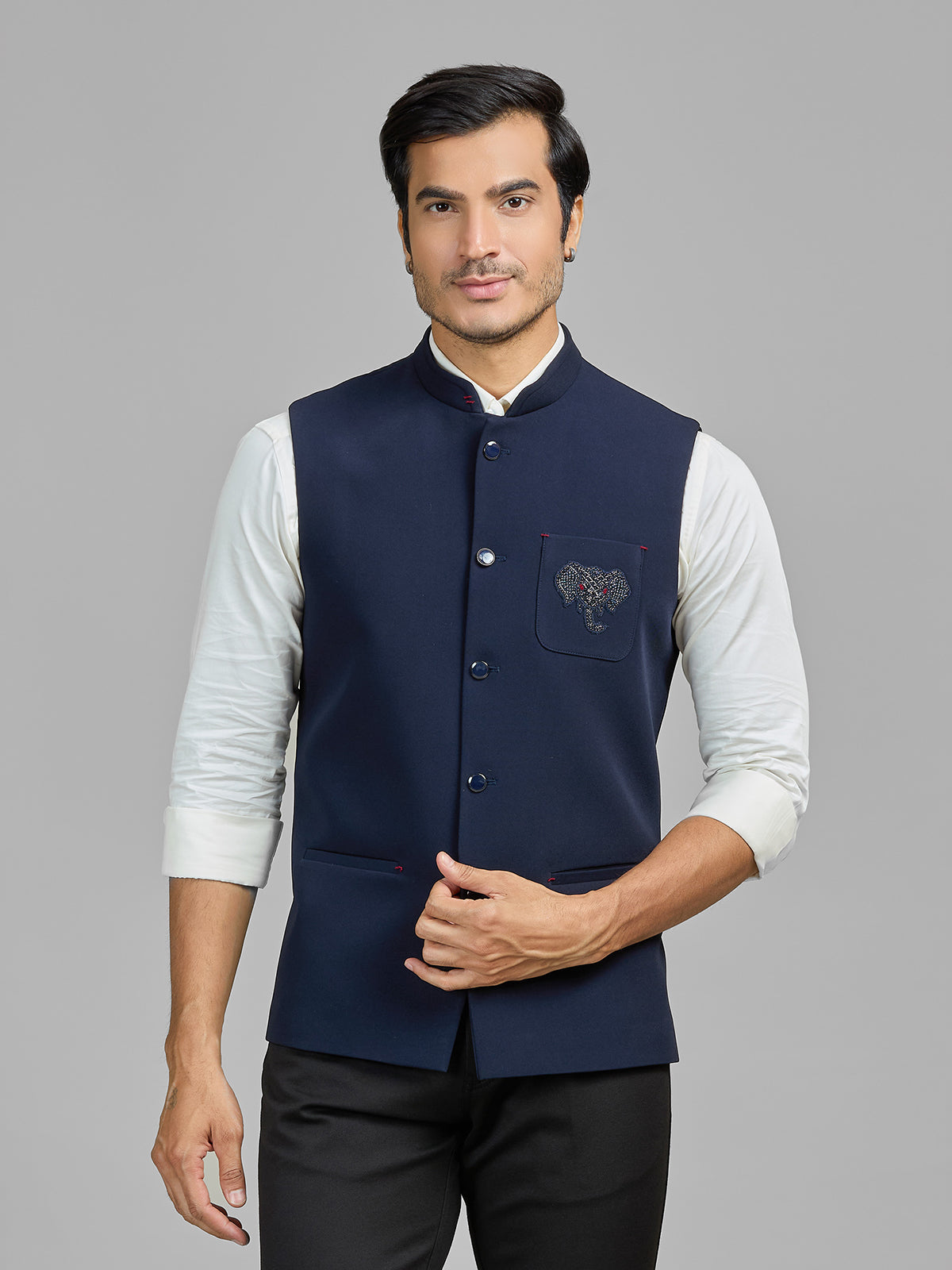 Navy terry rayon waistcoat with embellished pocket