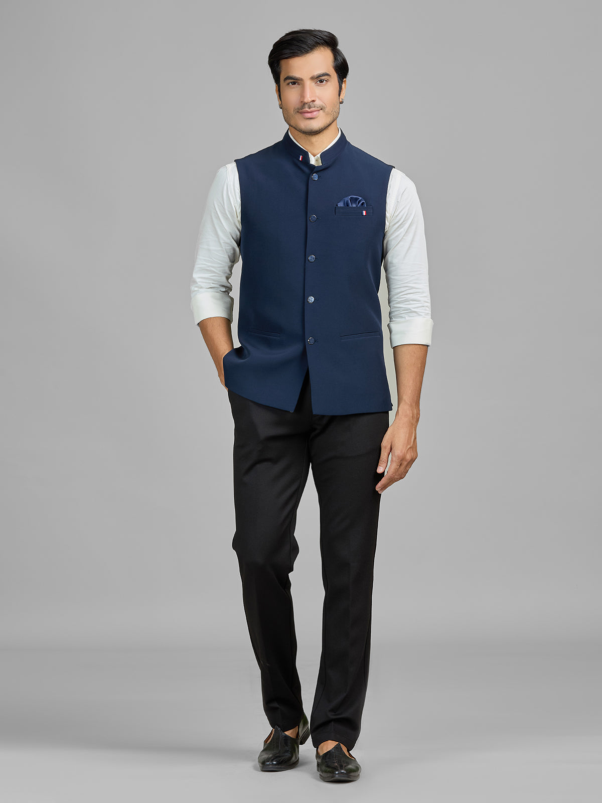 Navy terry rayon waistcoat for party wear
