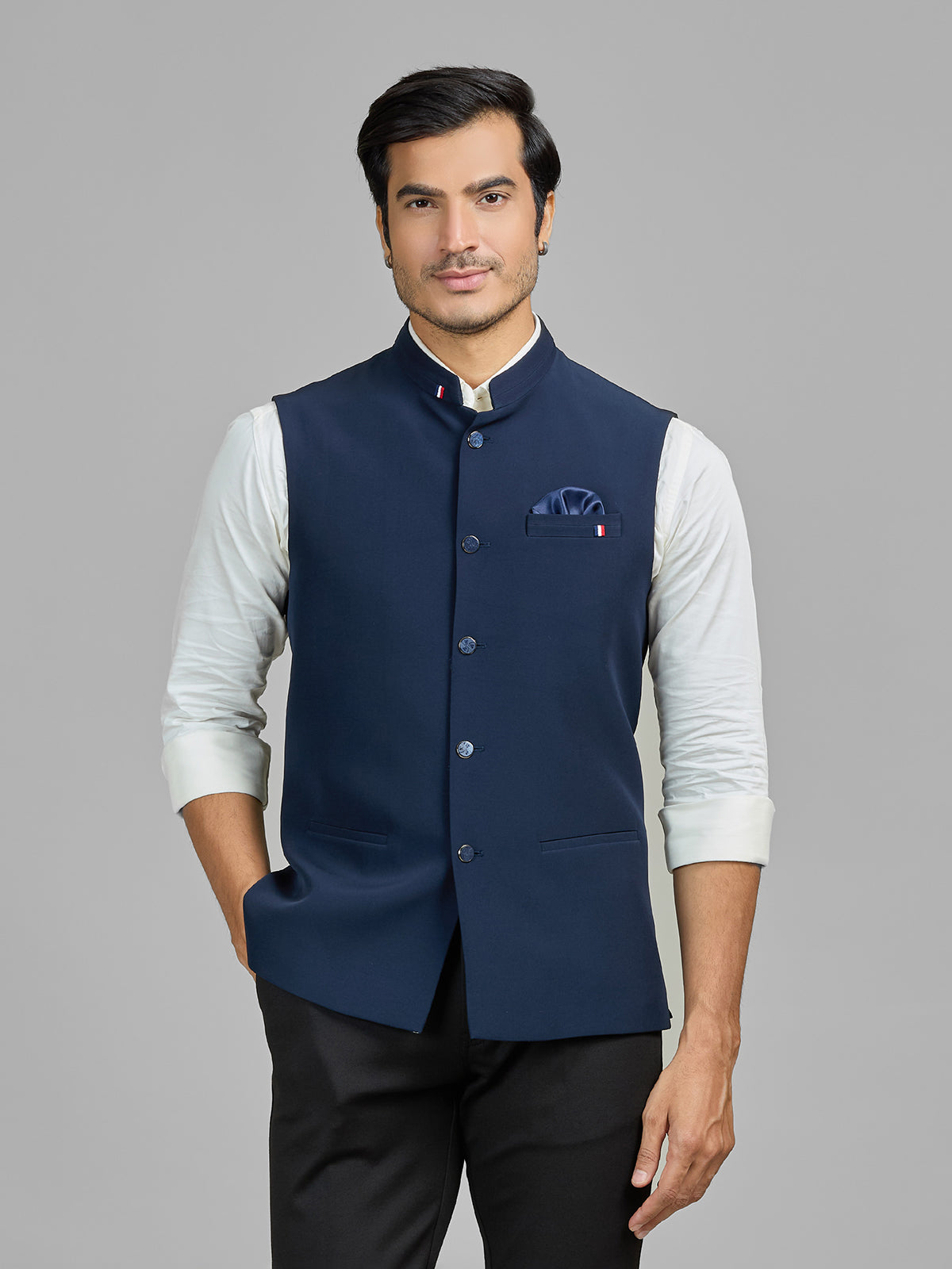Navy terry rayon waistcoat for party wear