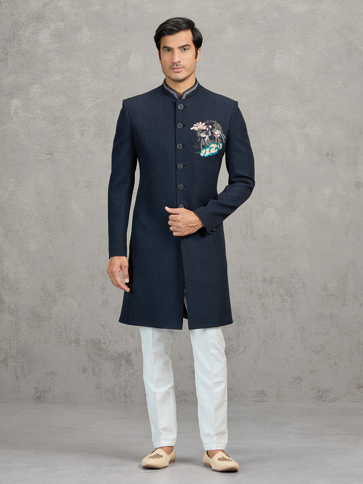 Navy linen viscose wedding wear indowestern set for men
