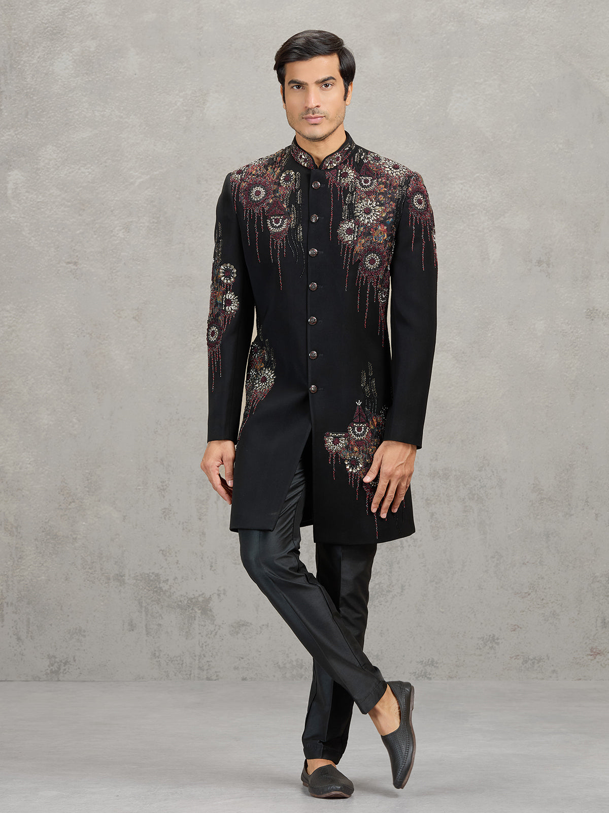 Black terry rayon indowestern set with rich embellishments