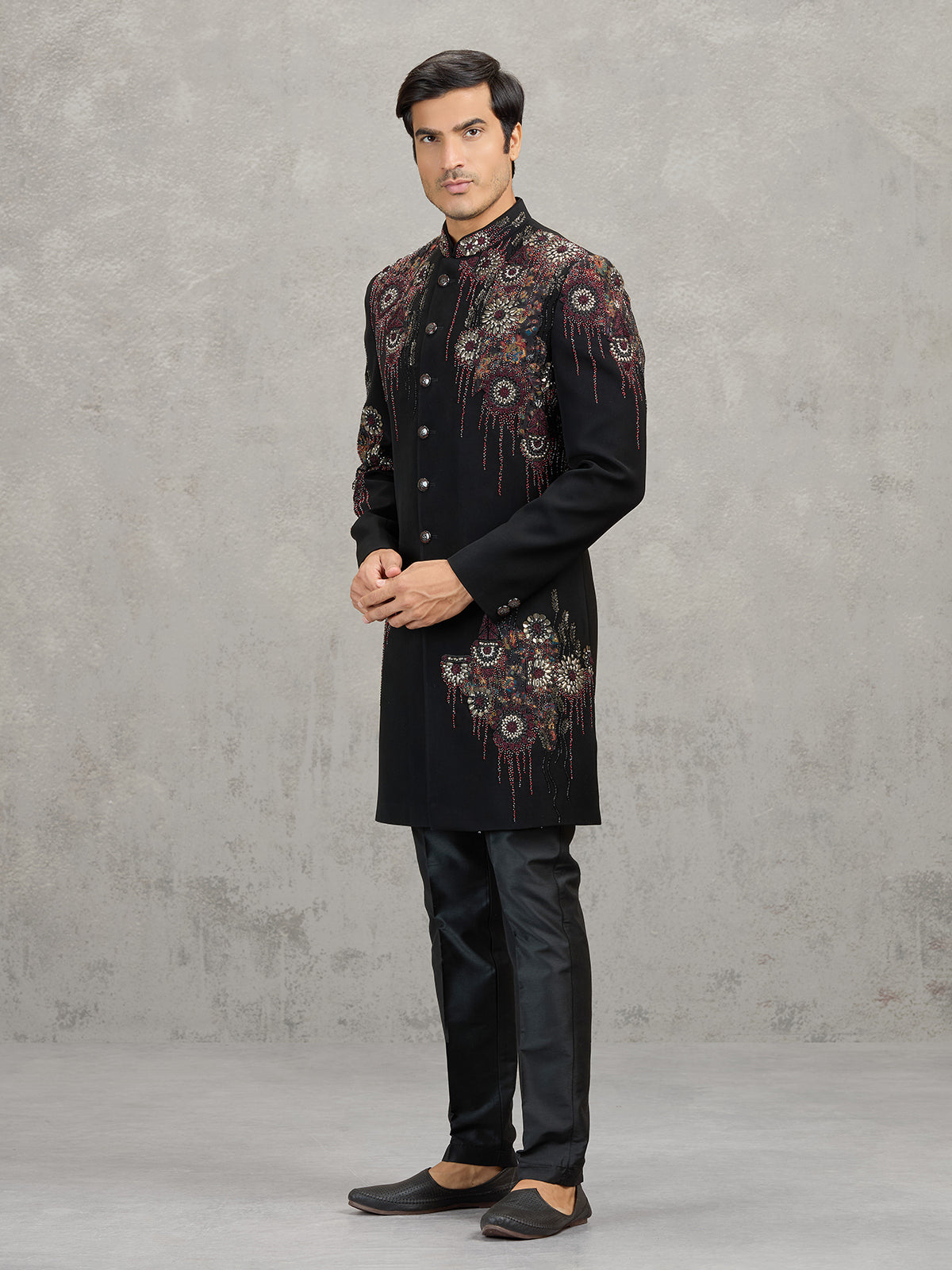Black terry rayon indowestern set with rich embellishments