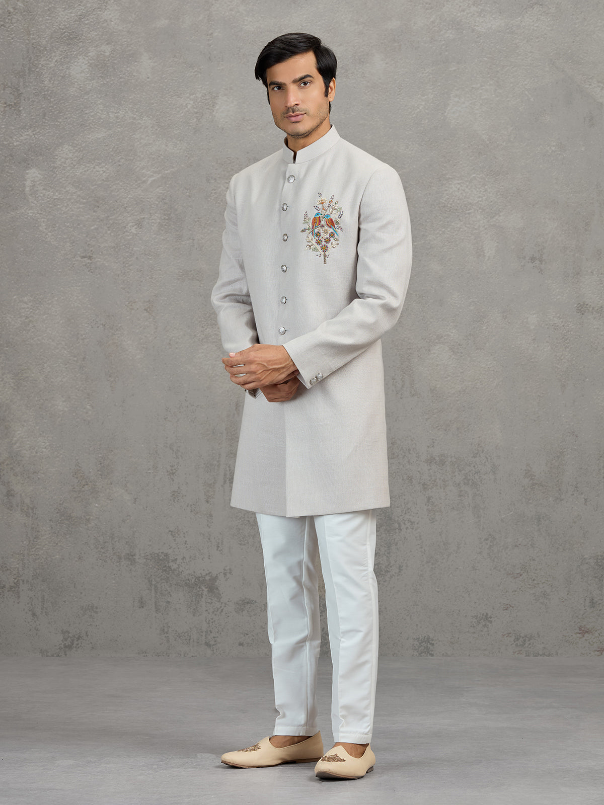 Beige matka silk indowestern set for reception wear