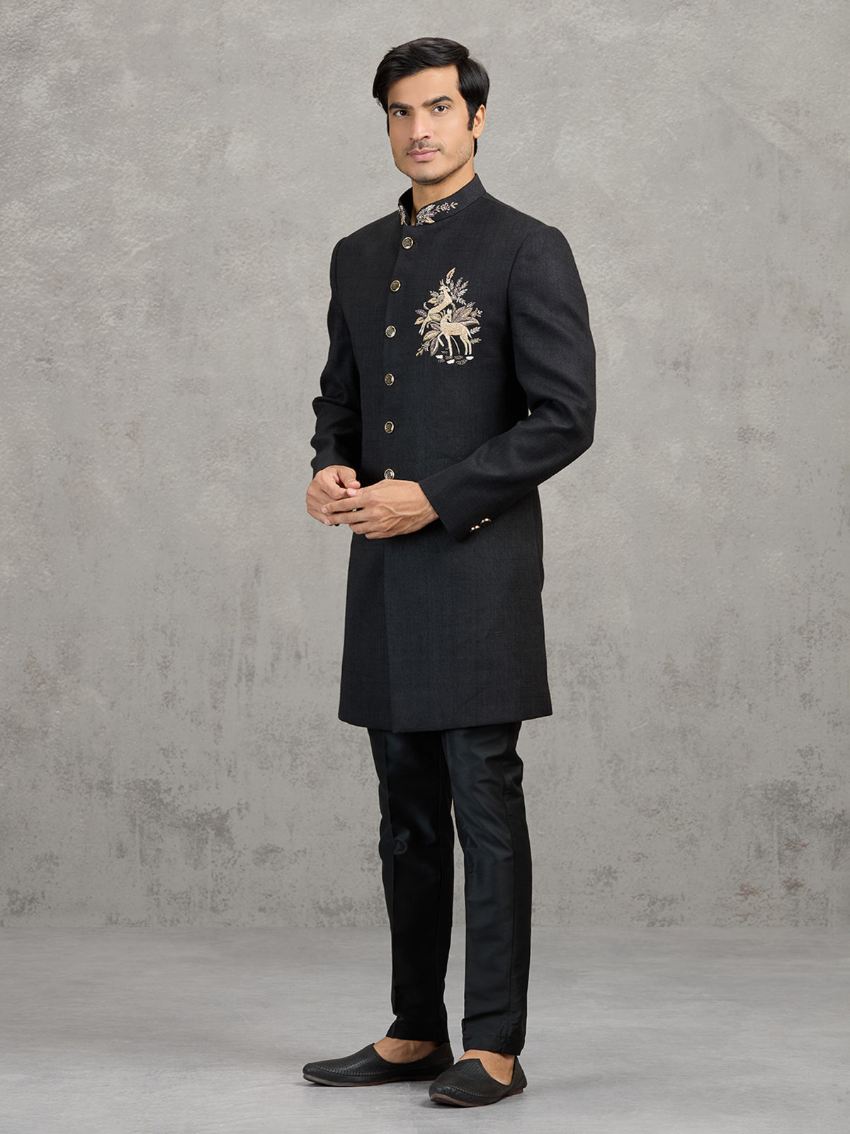 Black linen viscose wedding indowestern set with detailed crest work
