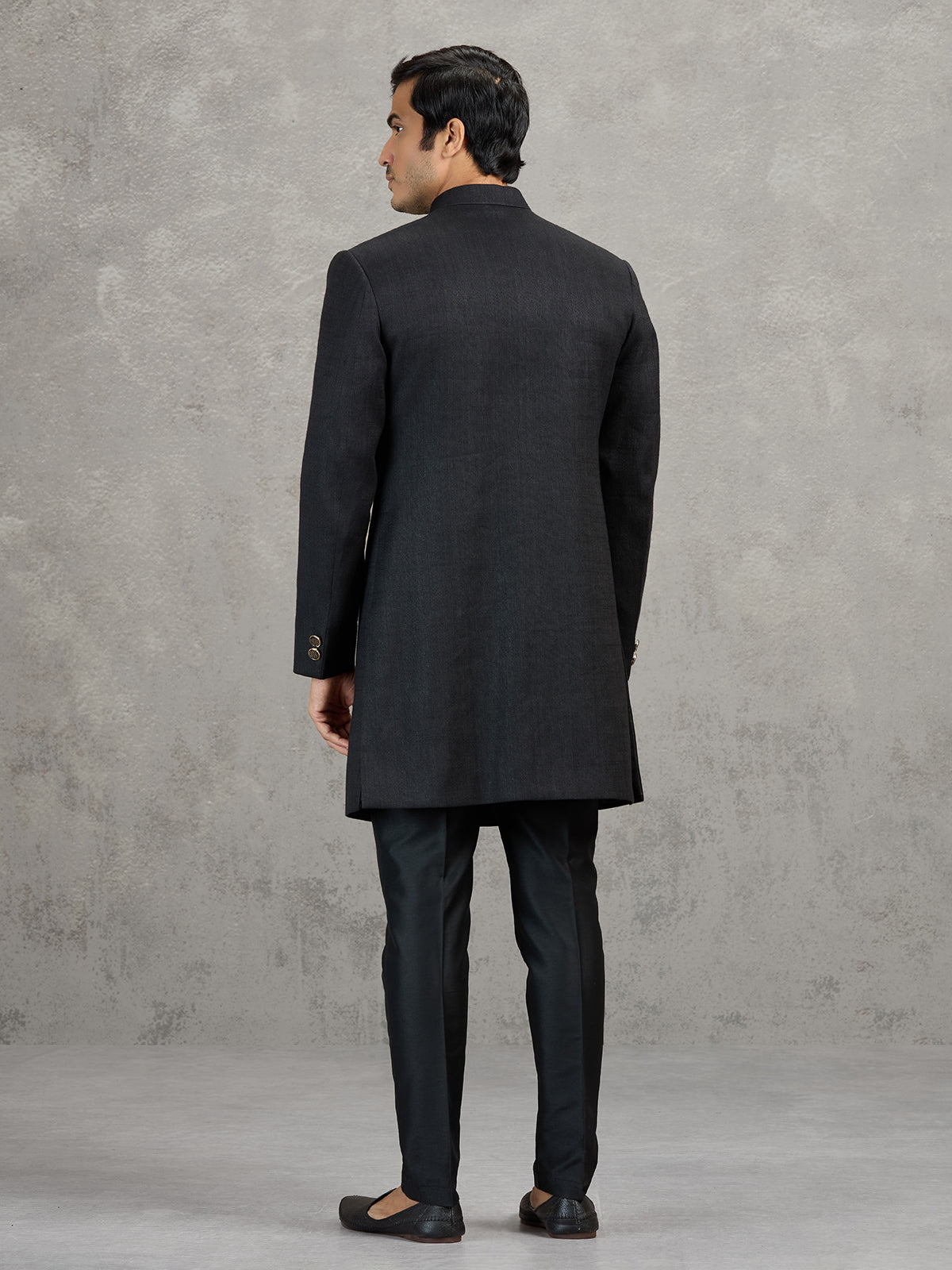 Black linen viscose wedding indowestern set with detailed crest work