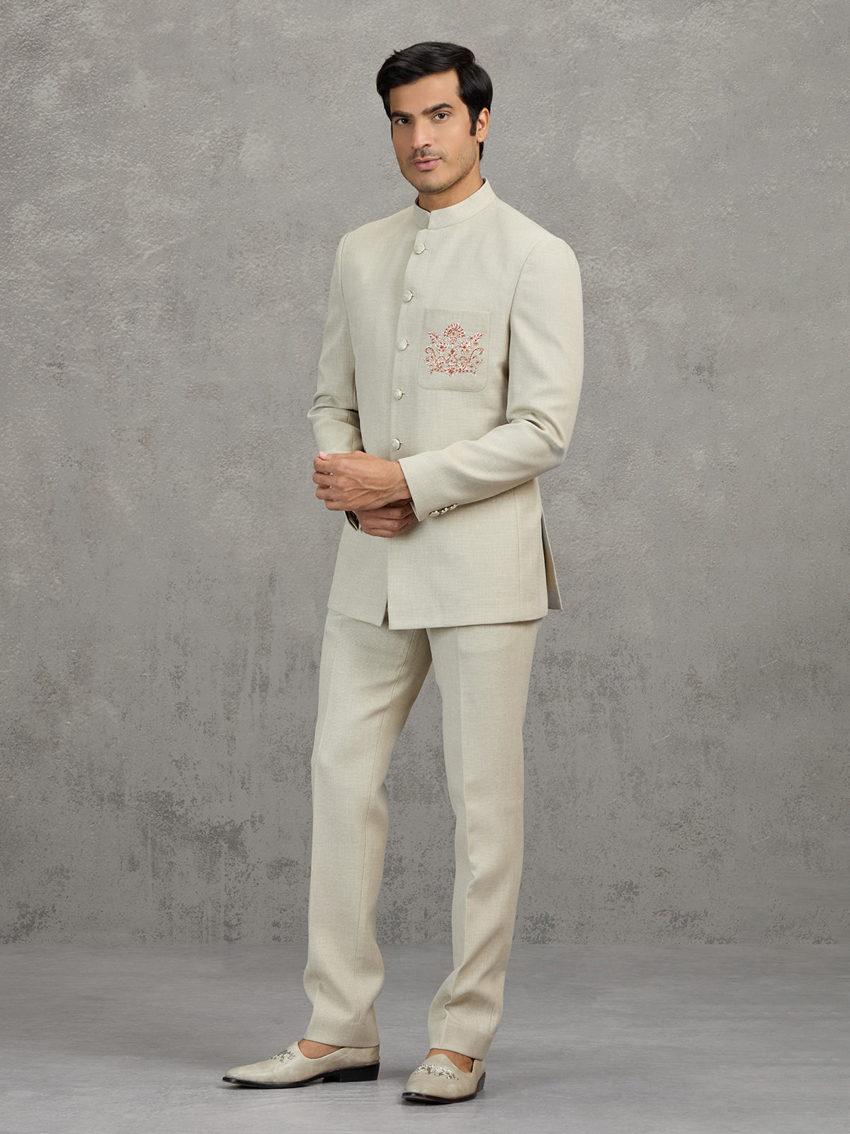 Cream terry rayon jodhpuri suit for wedding wear