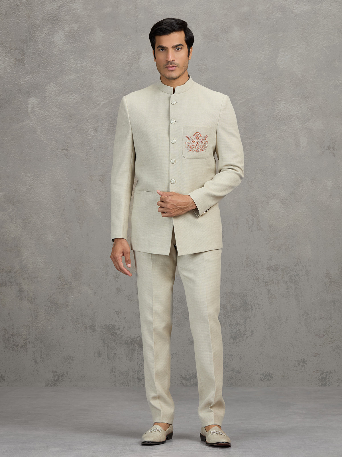 Cream terry rayon jodhpuri suit for wedding wear