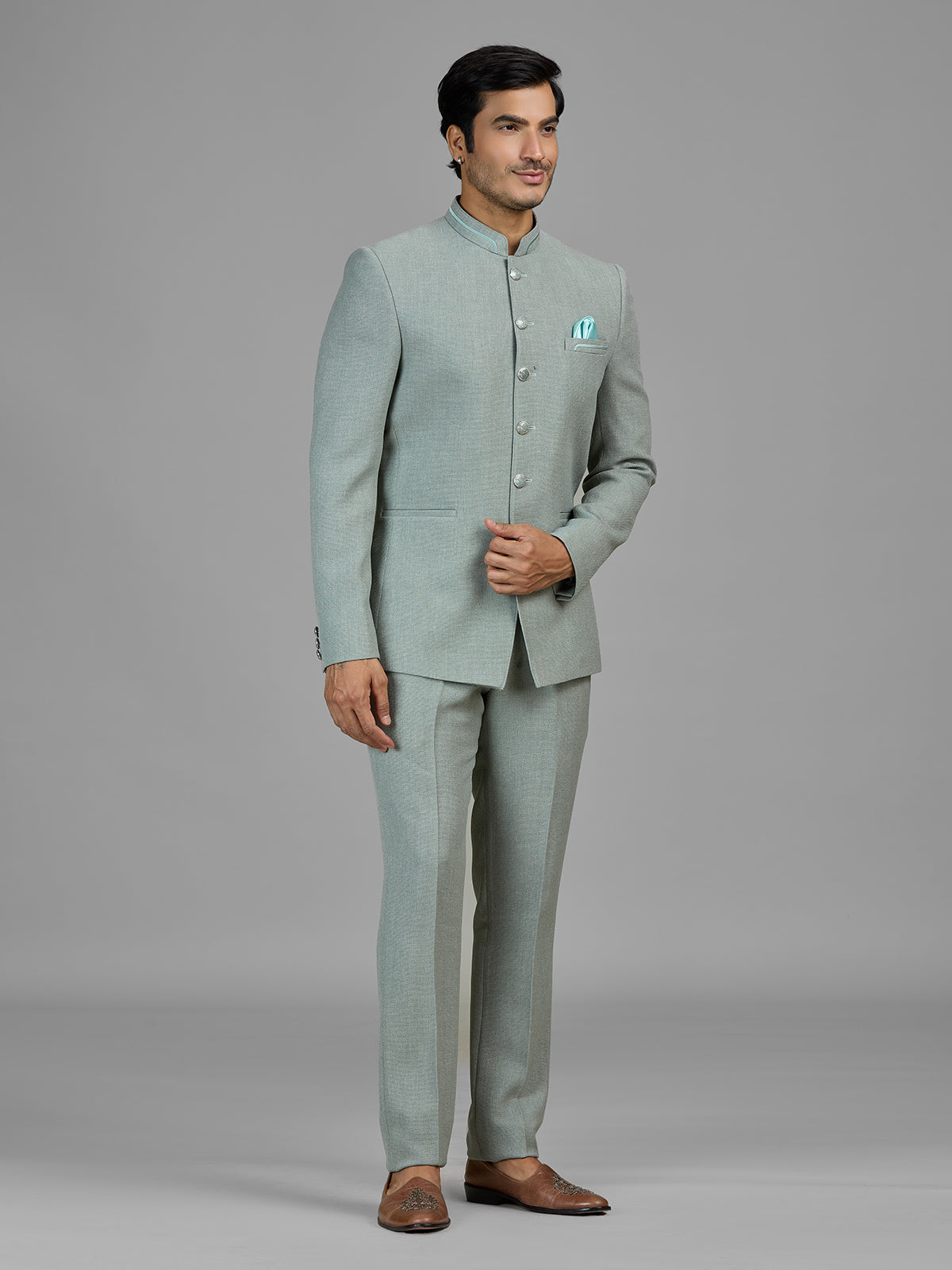 Pista green jute jodhpuri suit for men