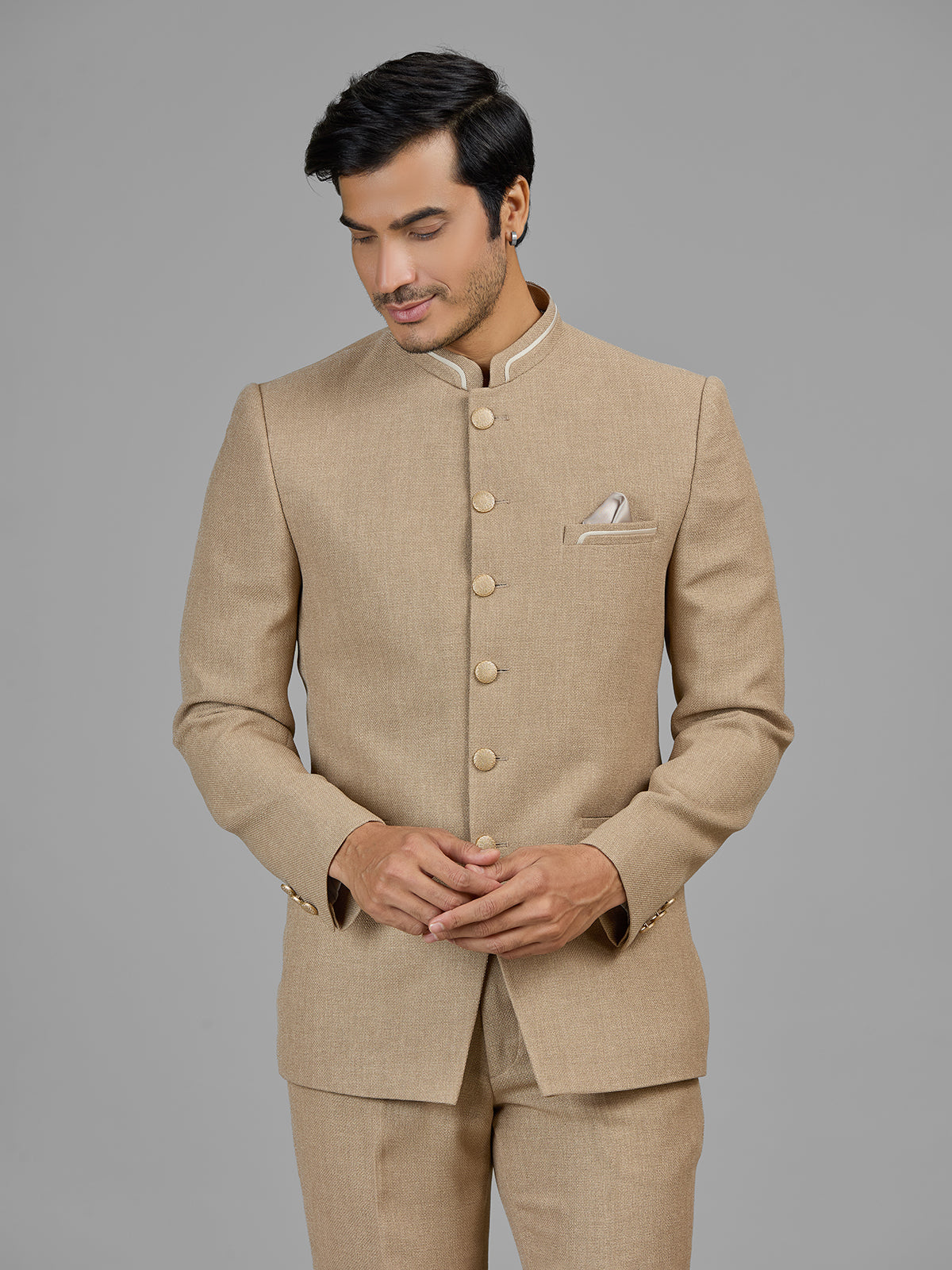 Dark beige jute jodhpuri suit for formal occasions