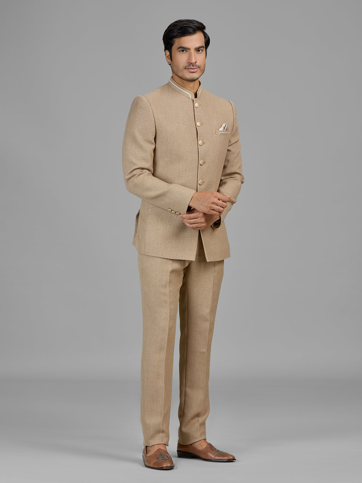 Dark beige jute jodhpuri suit for formal occasions