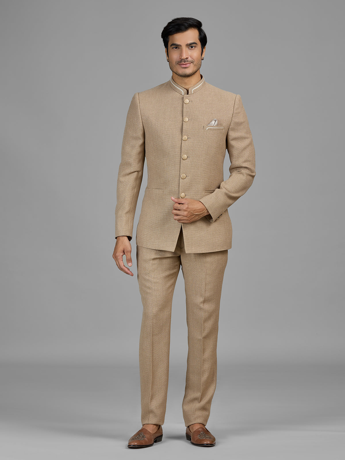 Dark beige jute jodhpuri suit for formal occasions