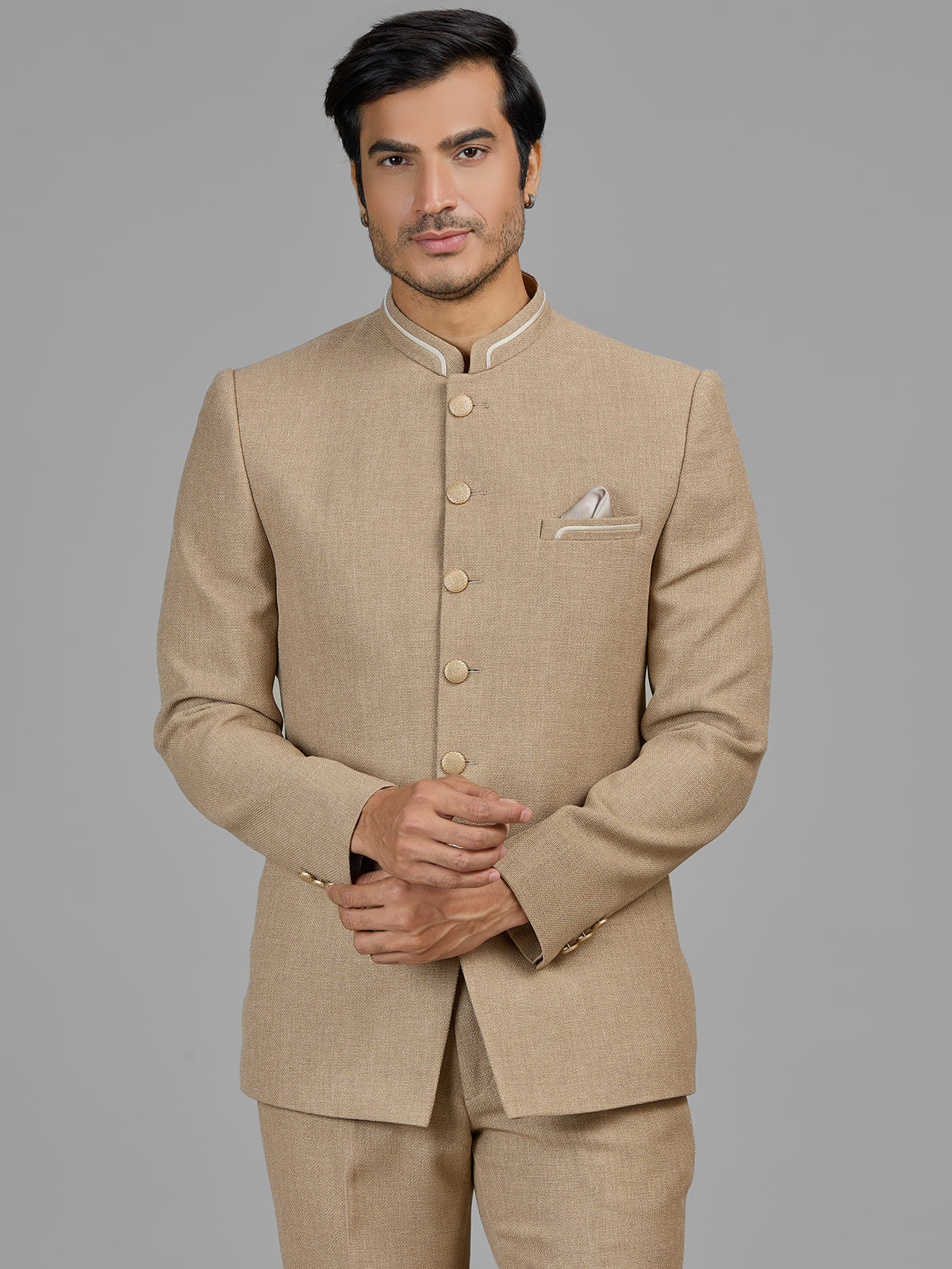 Dark beige jute jodhpuri suit for formal occasions