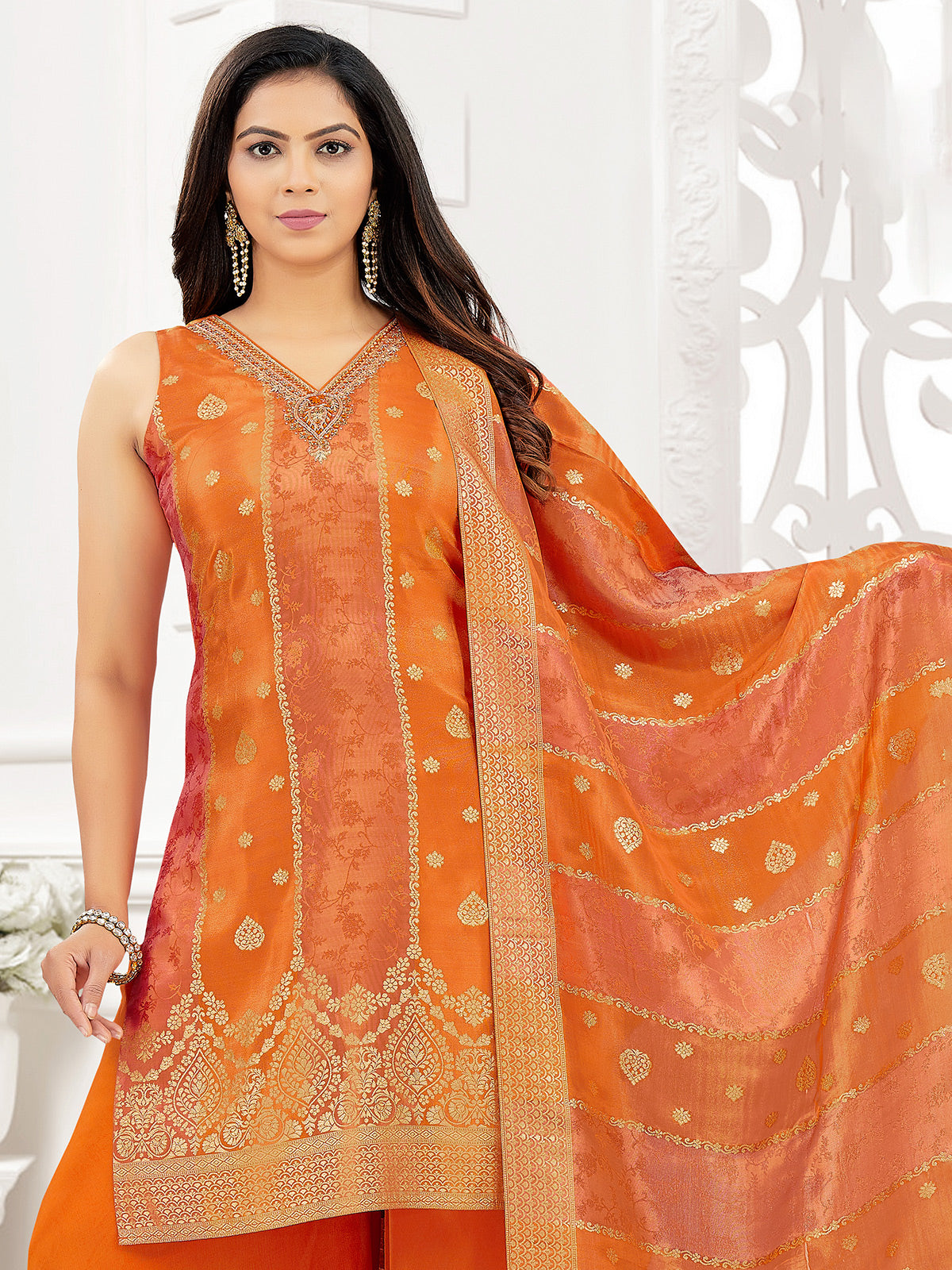 Rust orange silk pakistani style palazzo suit
