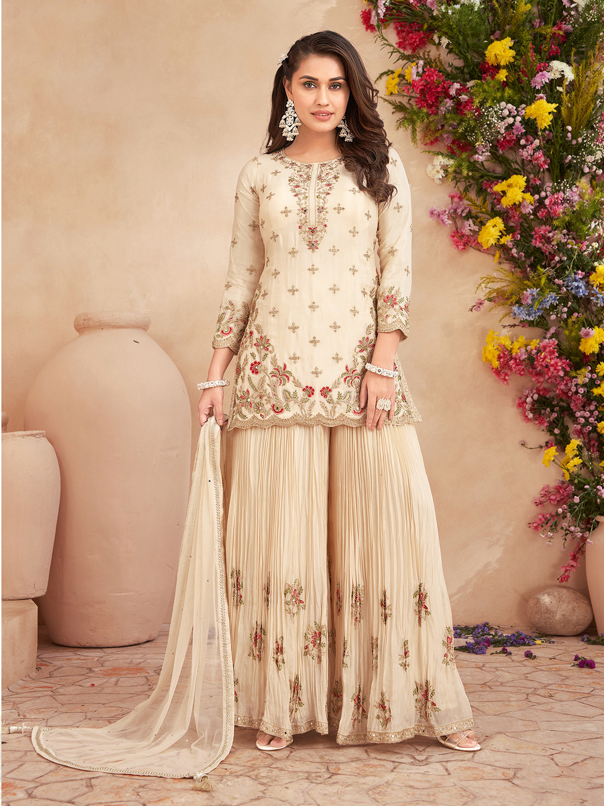 Cream chiffon silk embroidered palazzo festive suit