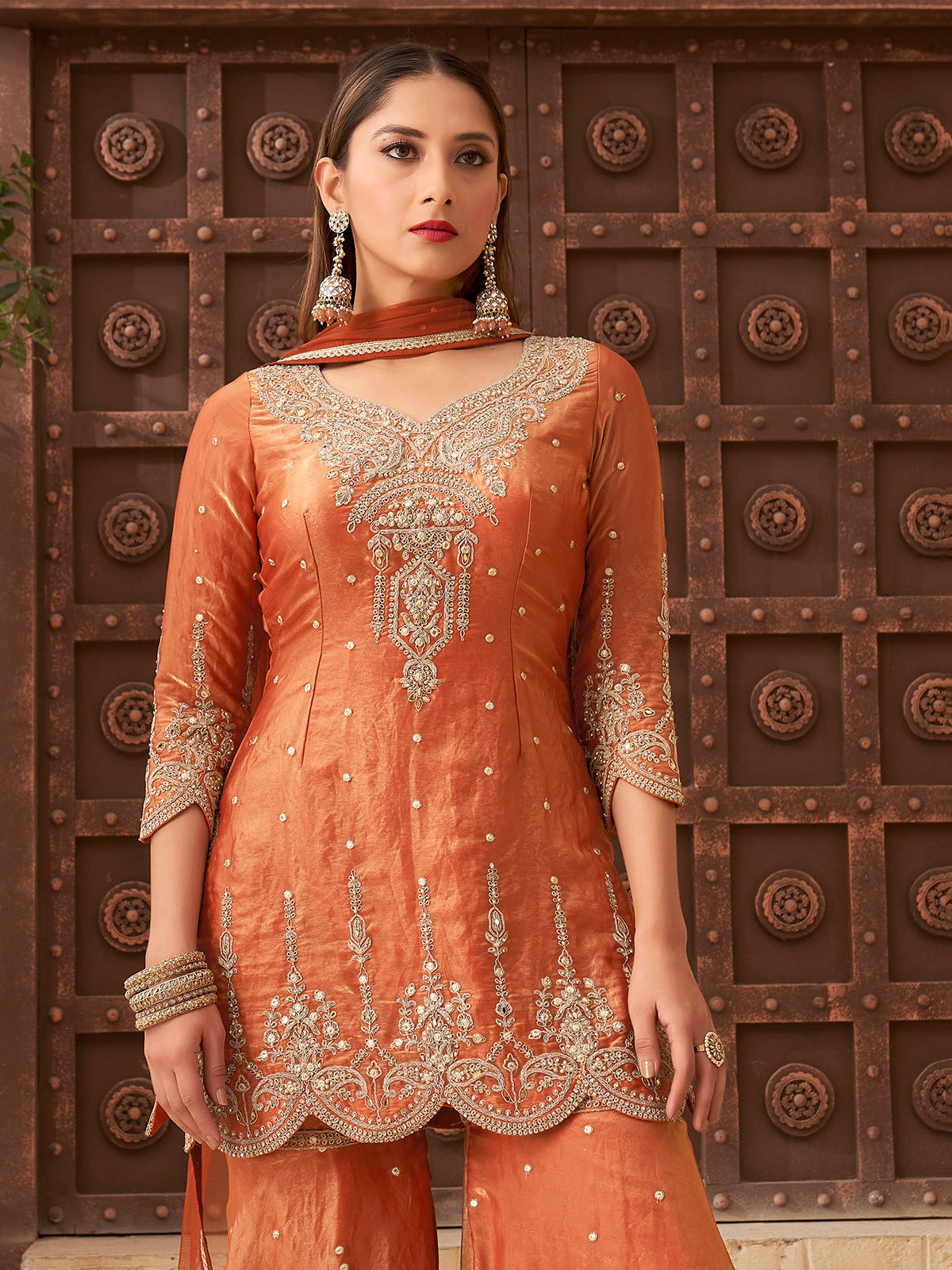Rust orange organza tissue silk palazzo suit