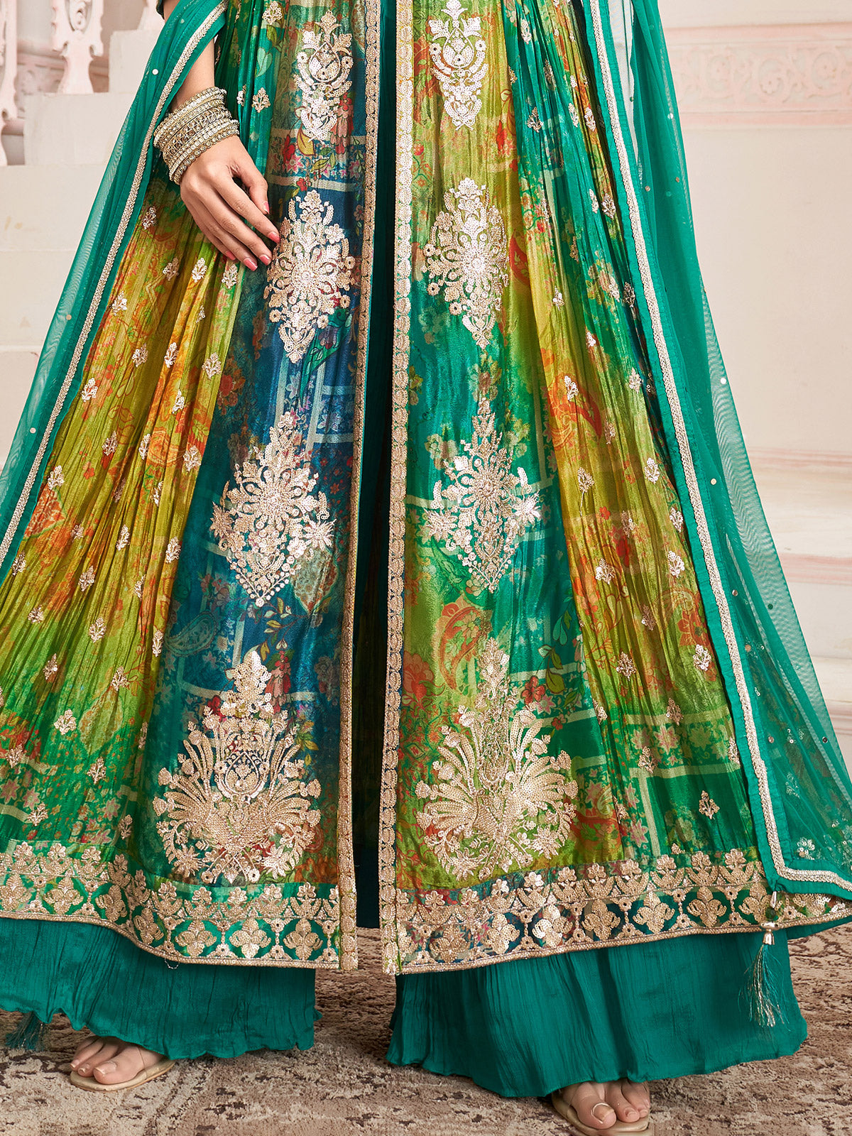 Green silk anarkali embroidered festive palazzo suit