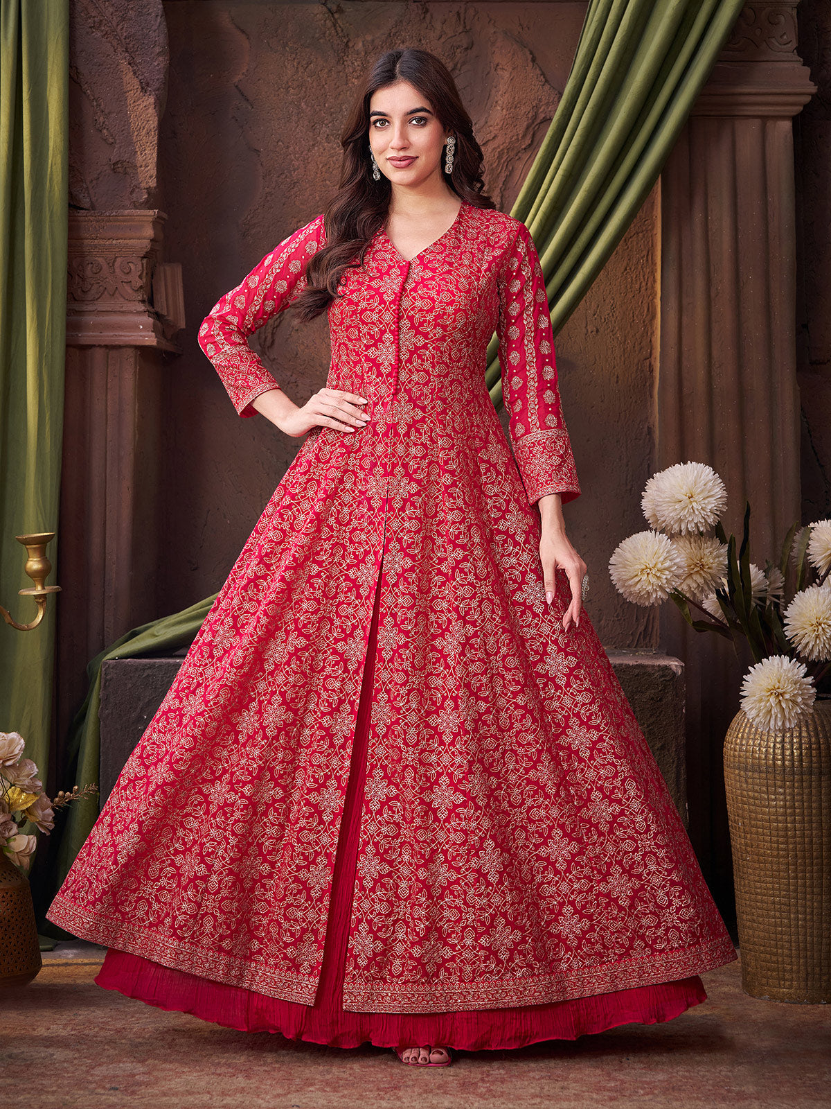 Rani pink georgette embroidered work anarkali lehenga suit