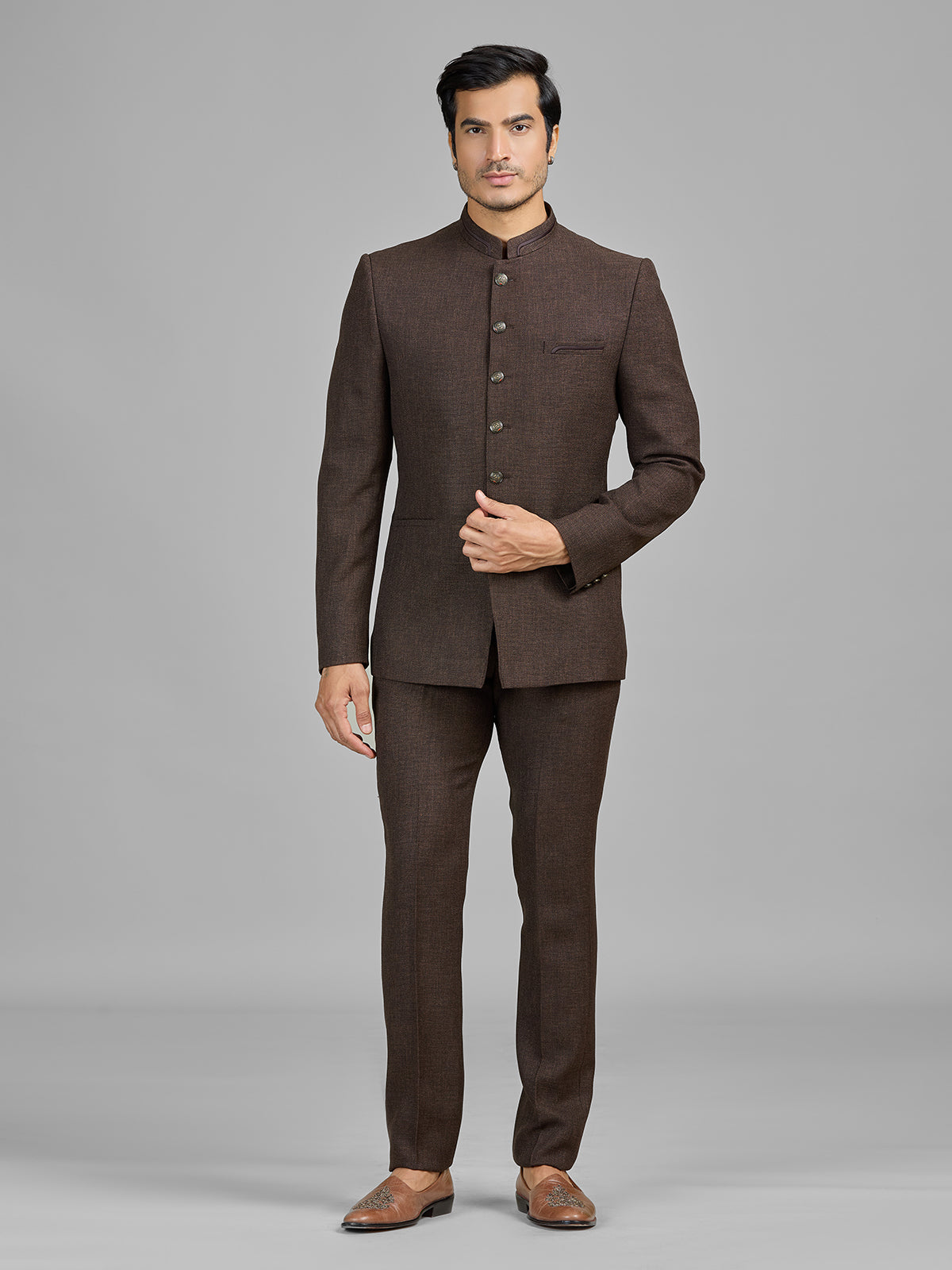 Brown jute jodhpuri suit for formal occasions