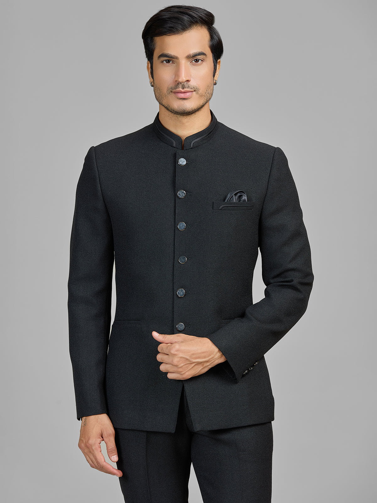 Black jute jodhpuri suit for evening events