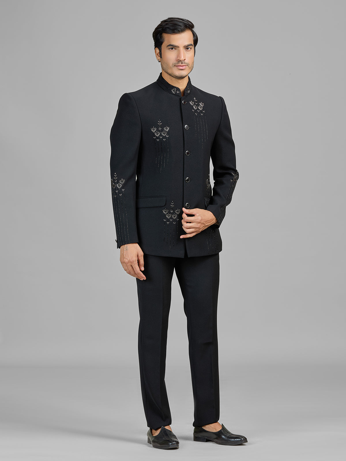 Black terry rayon jodhpuri suit embellished with cutdana