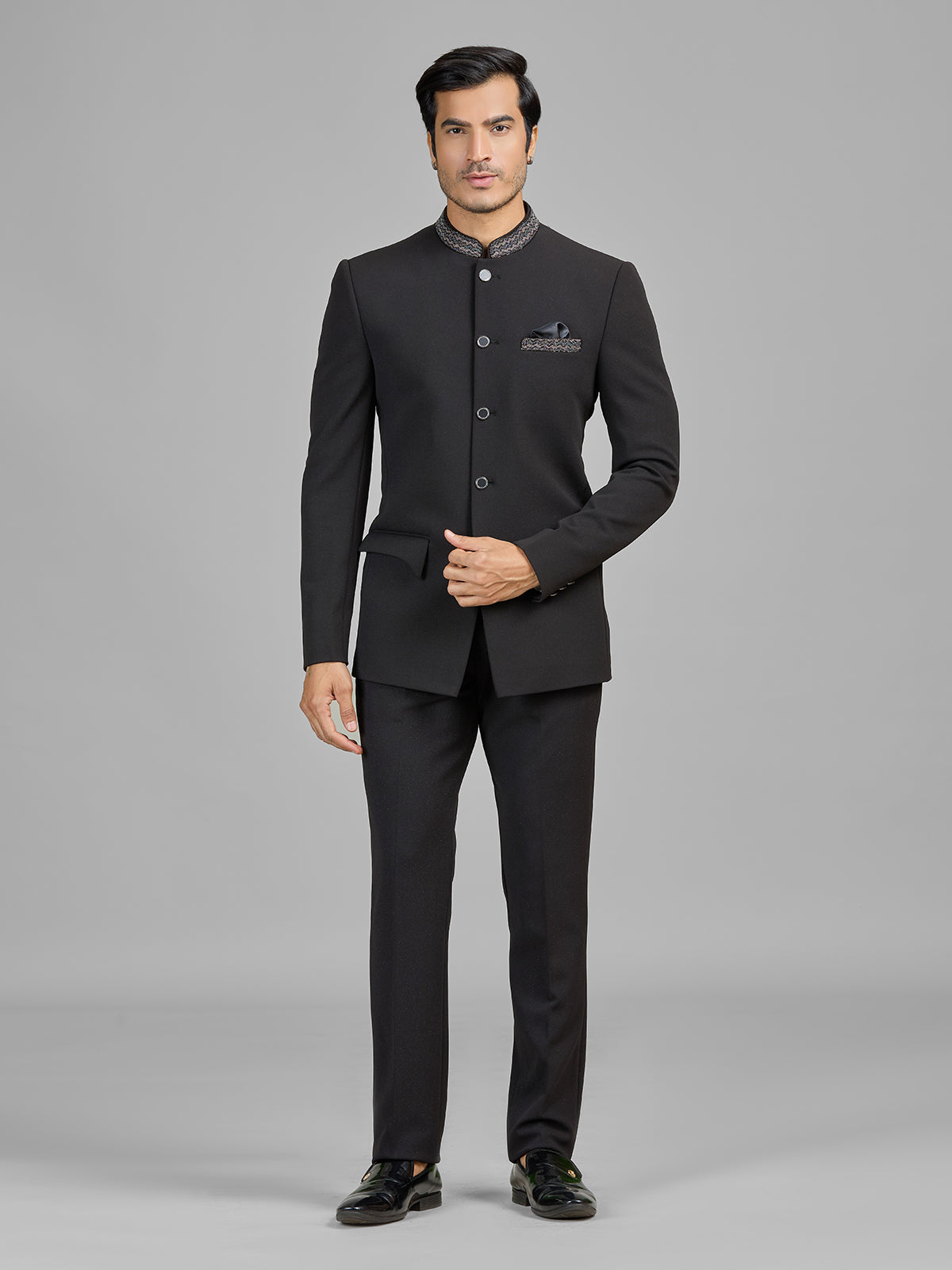 Black terry rayon jodhpuri suit for wedding celebration