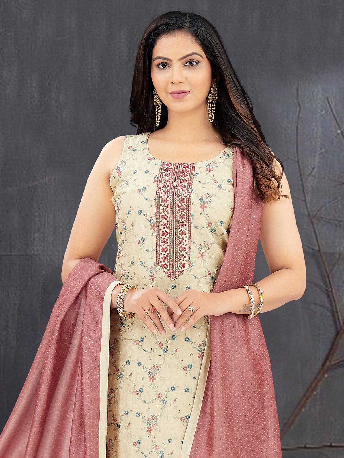 Cream silk embroidered work straight cut salwar suit