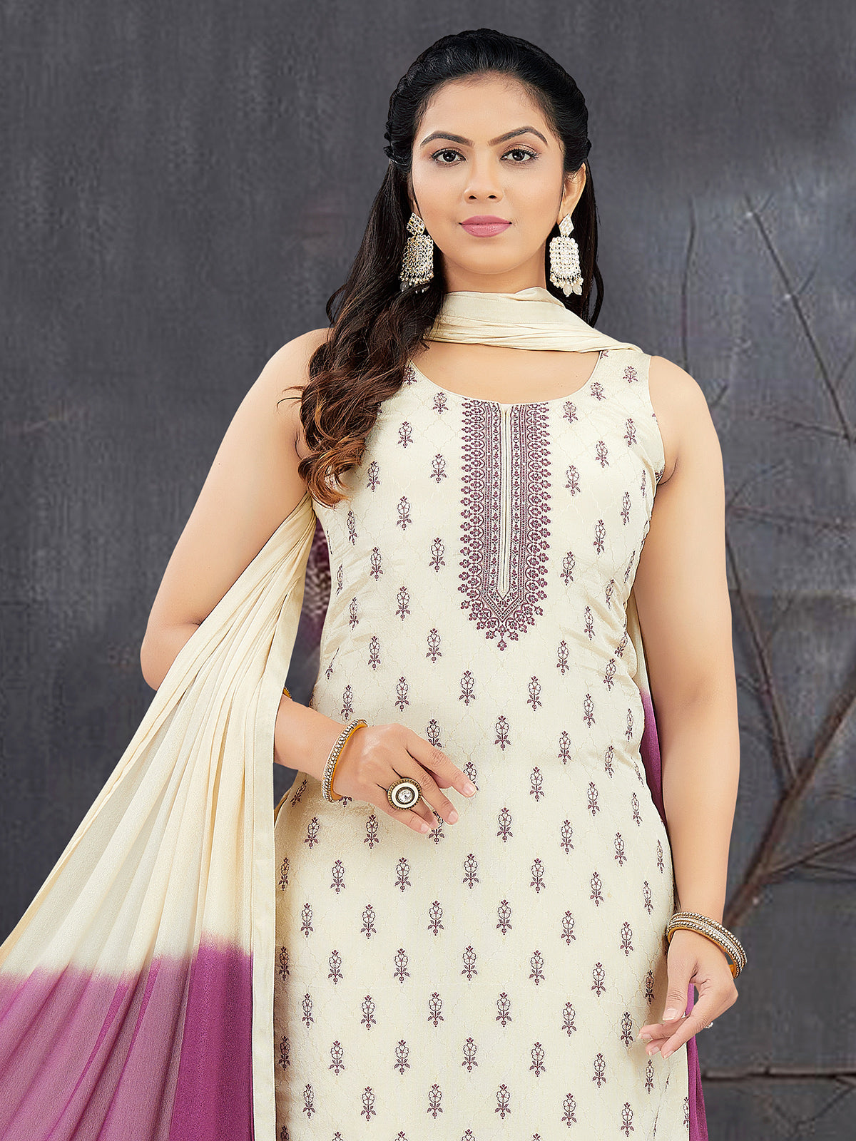 Cream silk sequins and embroidered straight salwar suit with dupatta