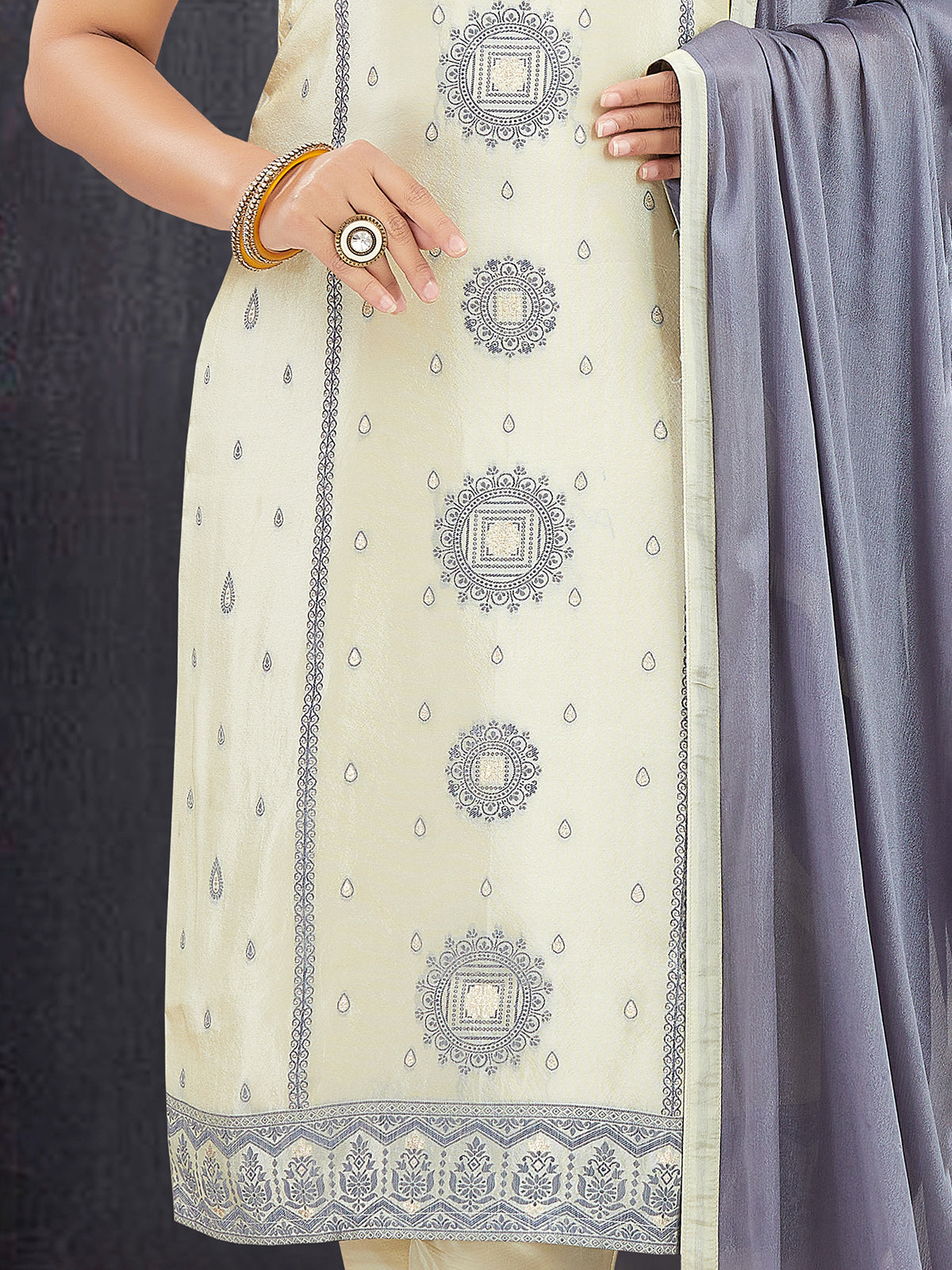 Cream dola silk stone and zari work festive salwar suit